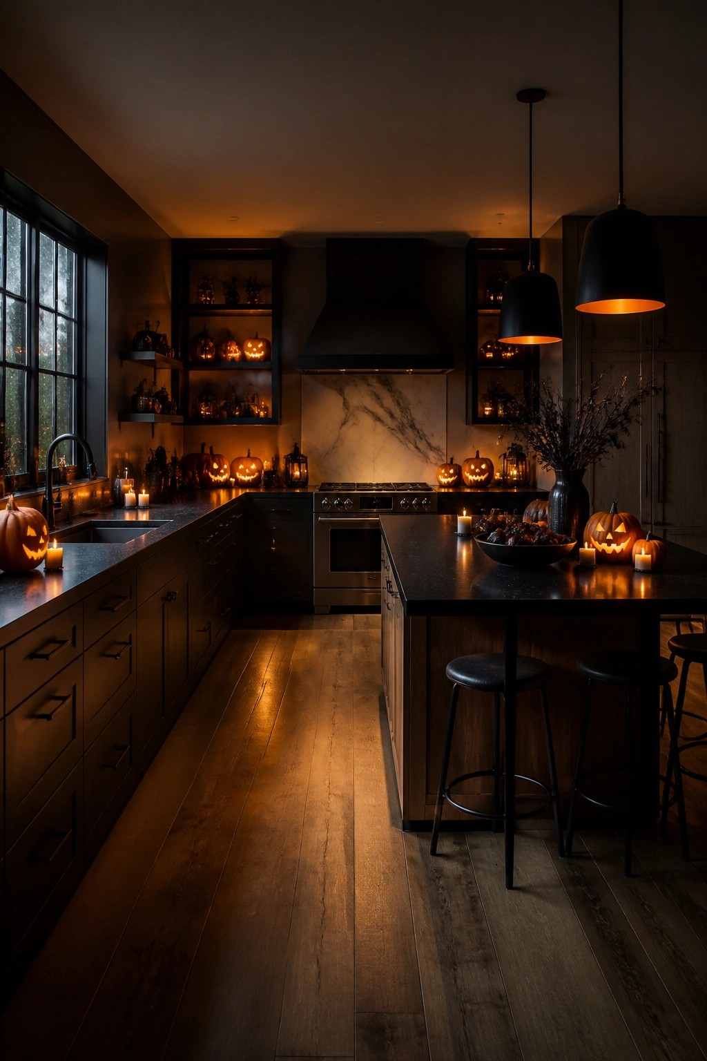 Dark kitchen with multiple lit jack o' lanterns placed on open shelves, counters, and the island.