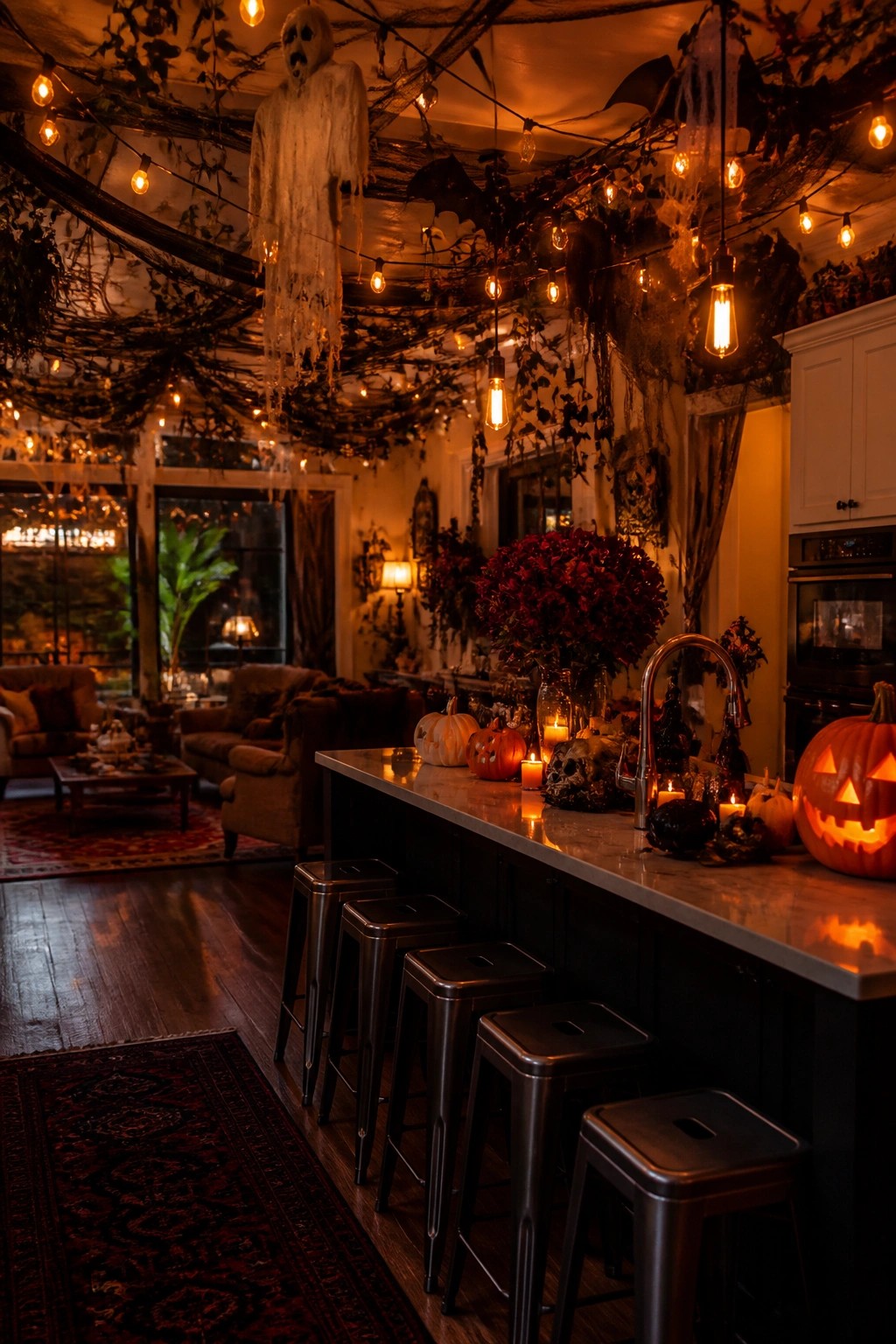 Kitchen island topped with pumpkins, candles, and skulls beneath a ceiling draped in black netting, hanging ghosts, and bats.