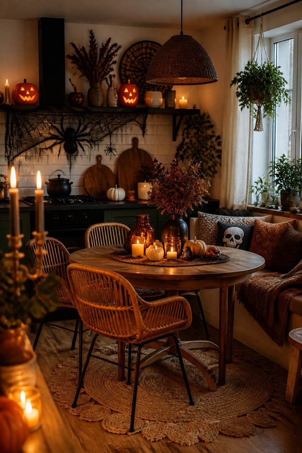 Cozy Halloween kitchen with round wooden table, lit candles, pumpkins, and wicker chairs