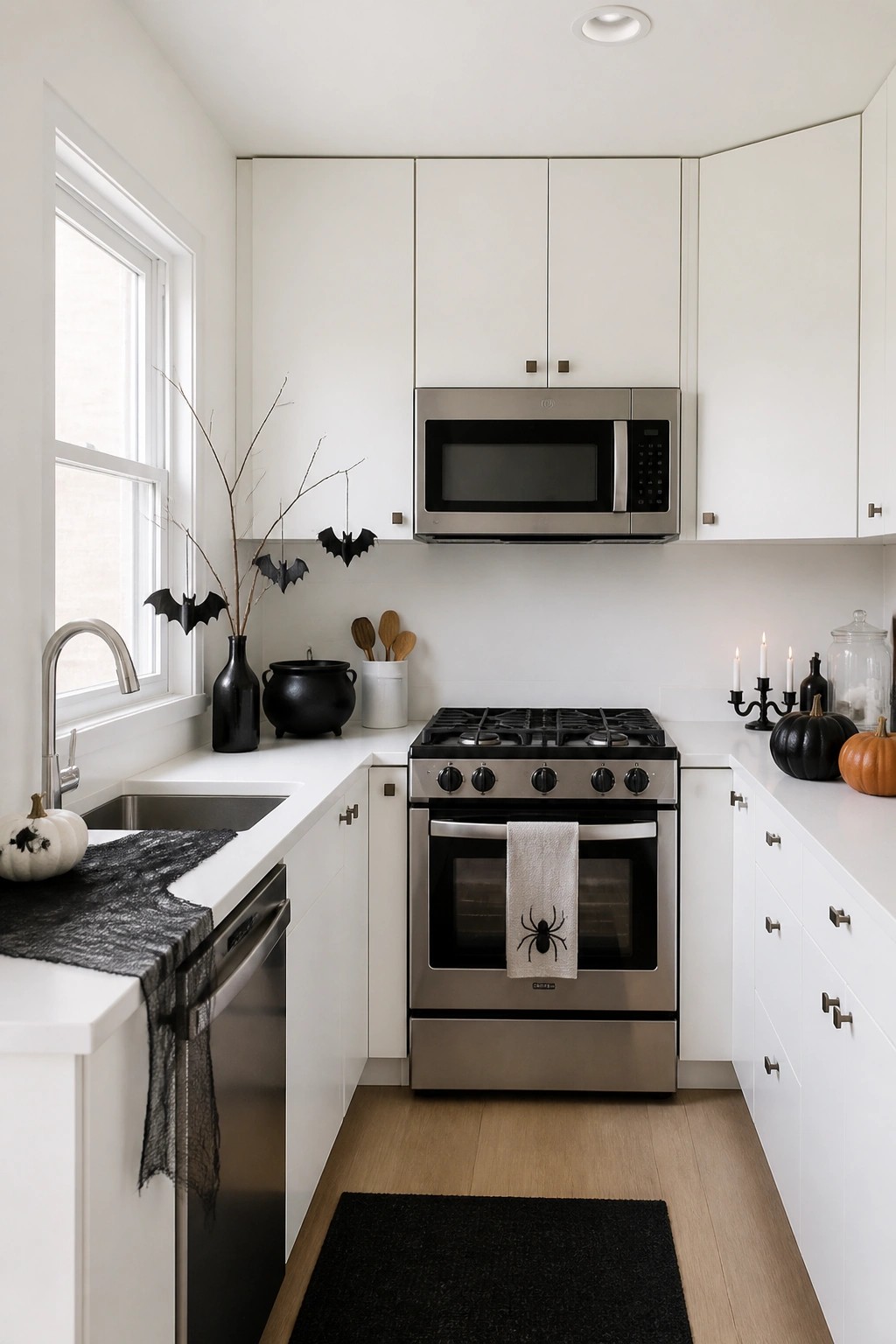 Kitchen counter with black bats hanging from branches in a vase, a spider towel on the oven, and a black cauldron nearby.