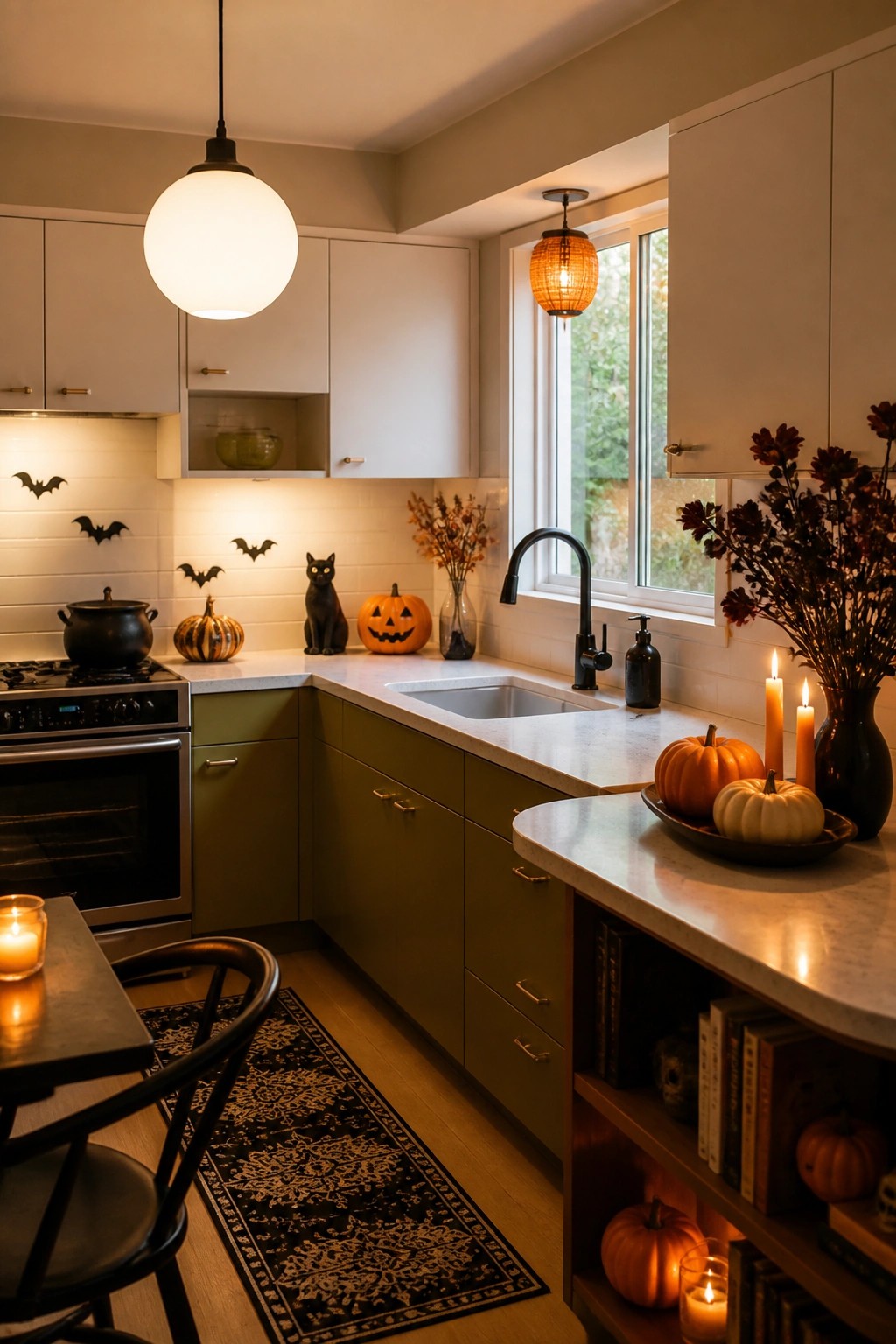 Kitchen with green cabinets, white tile backsplash, and black bat decorations on the wall near the stove along with a black cat figurine and jack-o'-lantern on the counter.