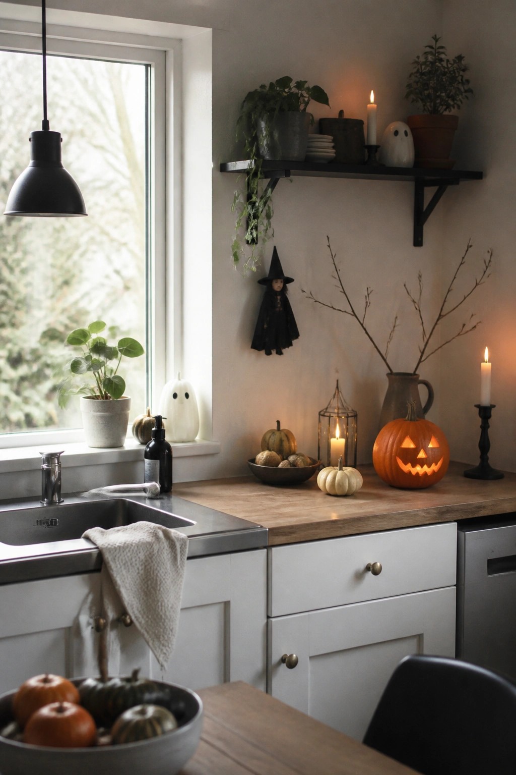 Autumn kitchen with carved jack-o'-lantern, lit candles, pumpkins, and plants on counter