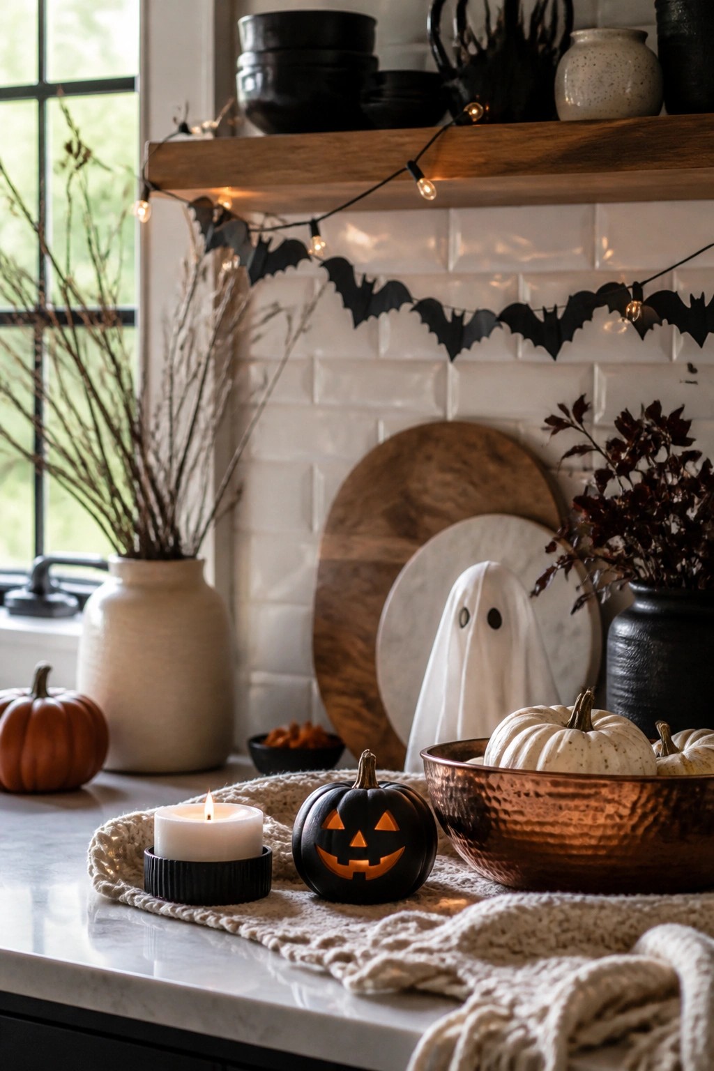 Kitchen counter with a black bat garland strung along a wooden shelf above a white tile backsplash, a small lit jack o lantern, and a ghost figure on the countertop.