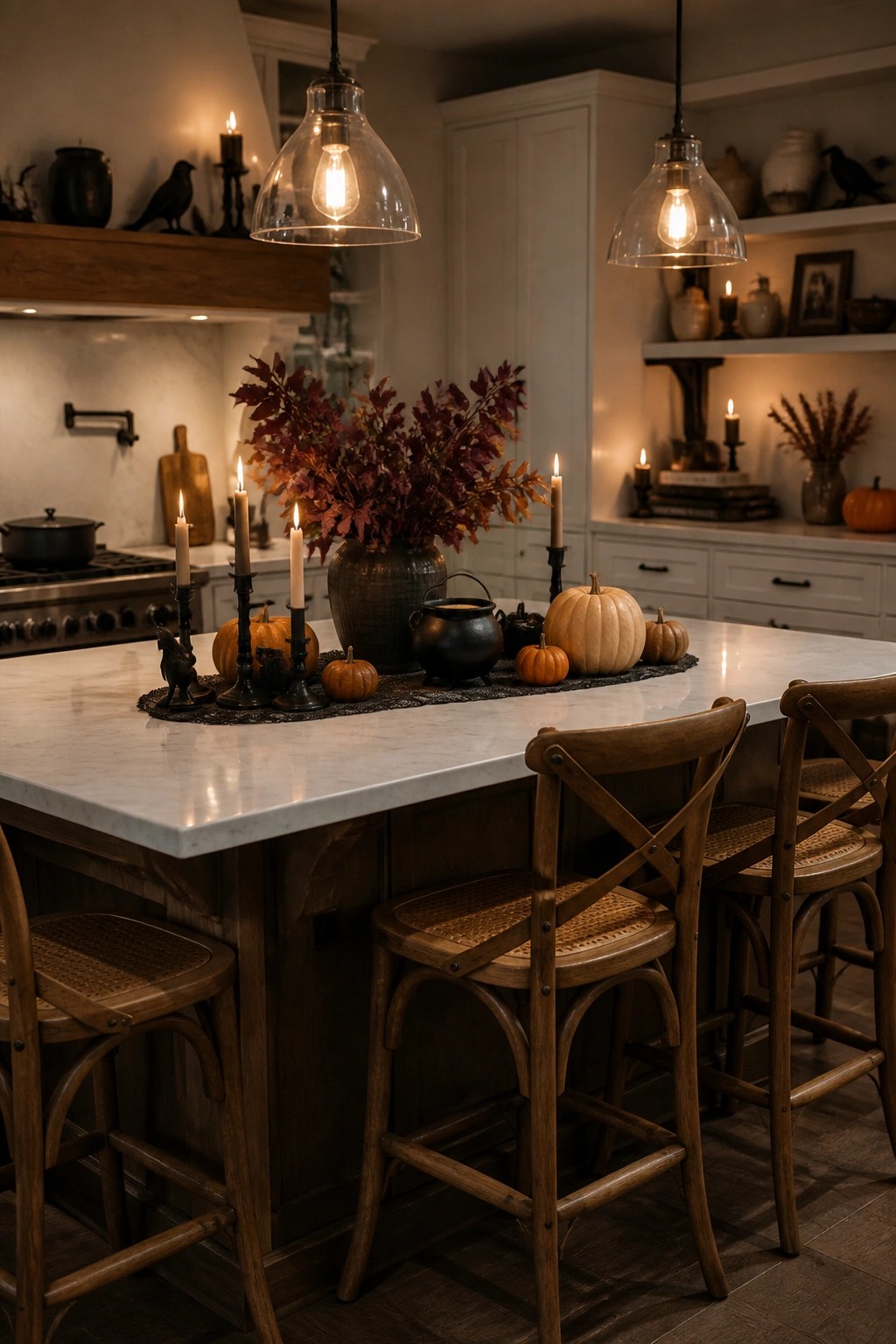 Kitchen island topped with a black cauldron centerpiece, pumpkins, and lit candles arranged on a dark runner.