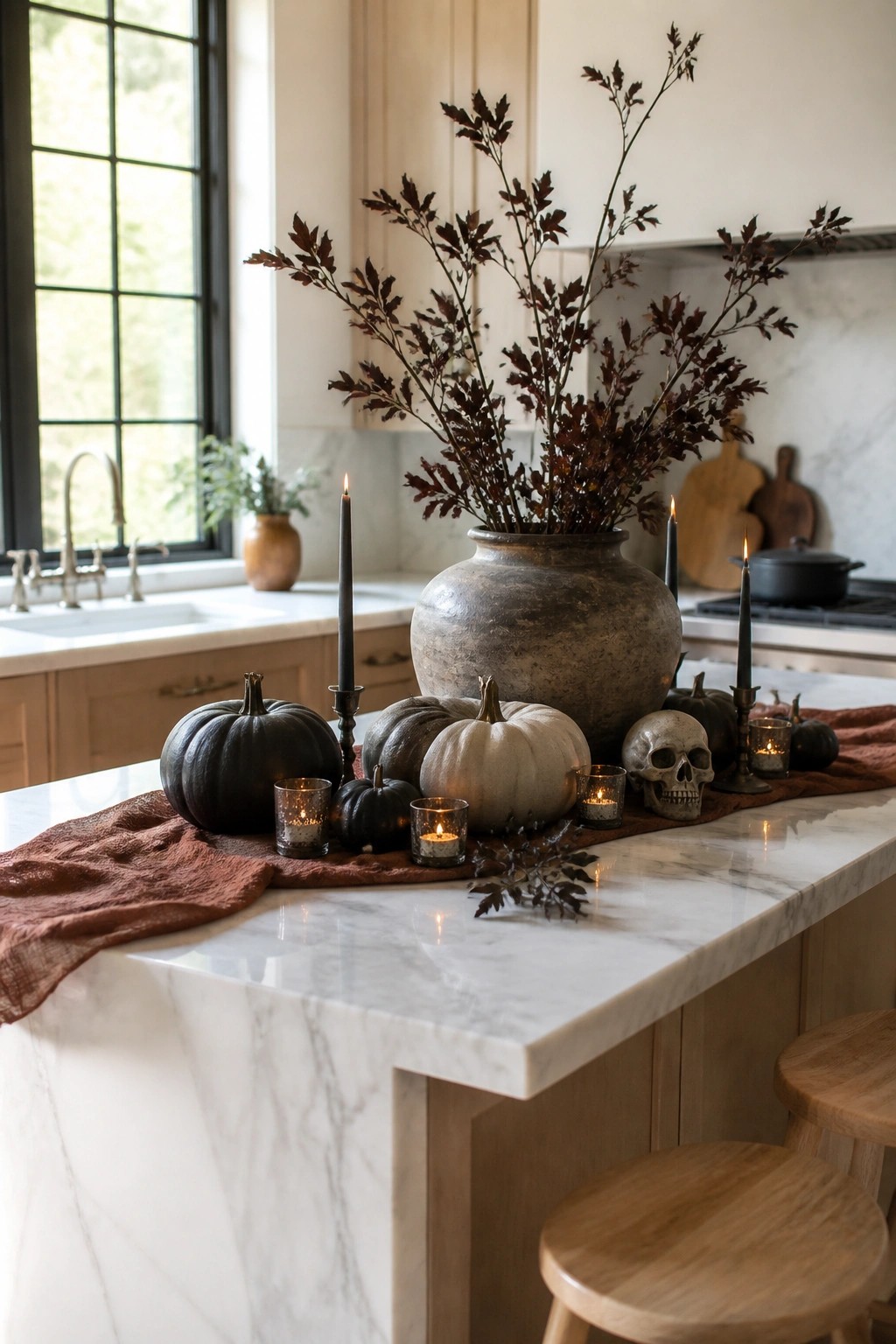 Kitchen island with a decorative skull, black taper candles, dark branches in a large vase, and assorted pumpkins arranged on a marble countertop.
