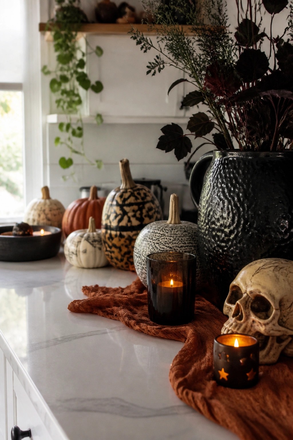 Kitchen counter with a decorative skull, black candle holders with lit candles, a textured black vase, and patterned pumpkins arranged on a white marble surface.