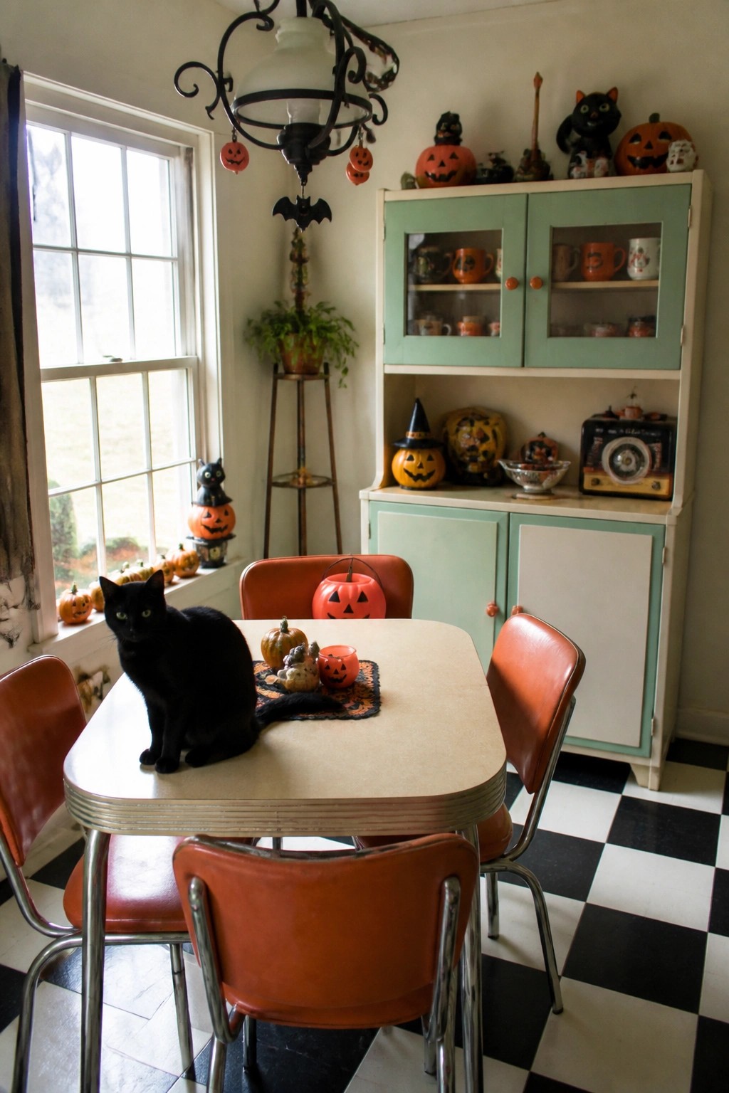 A retro kitchen dining area featuring a mint green hutch filled with vintage jack-o'-lanterns, black cat figurines, and orange Halloween mugs, with additional pumpkins and a black cat on the nearby table.