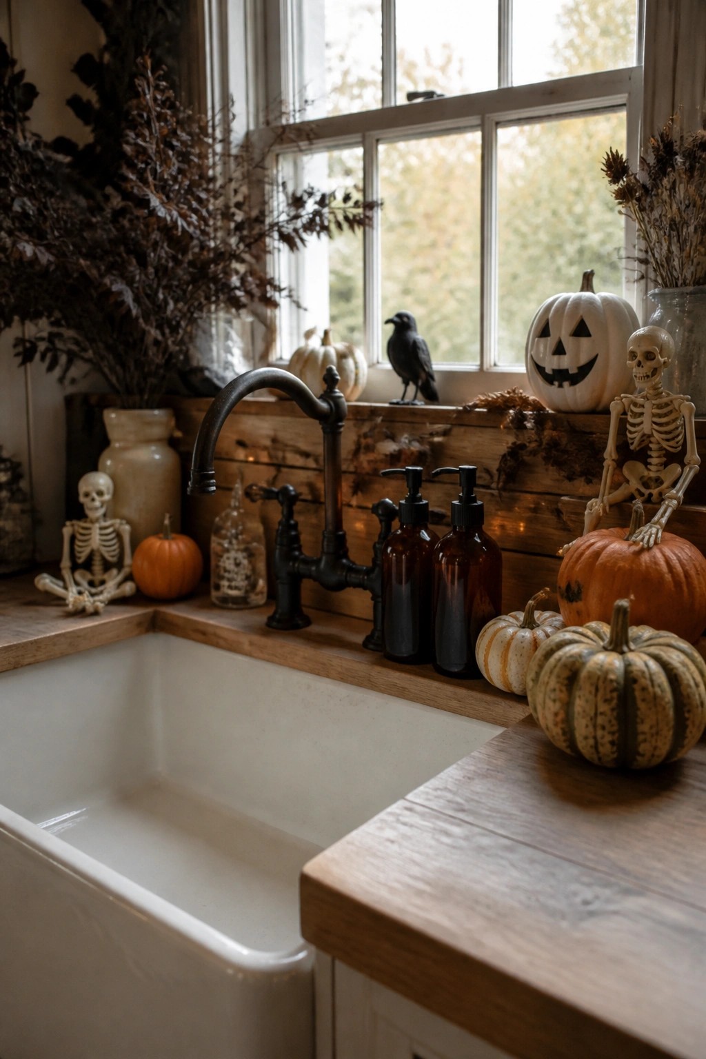 Kitchen sink with black faucet, pumpkins, skeletons, and autumn decorations on wood