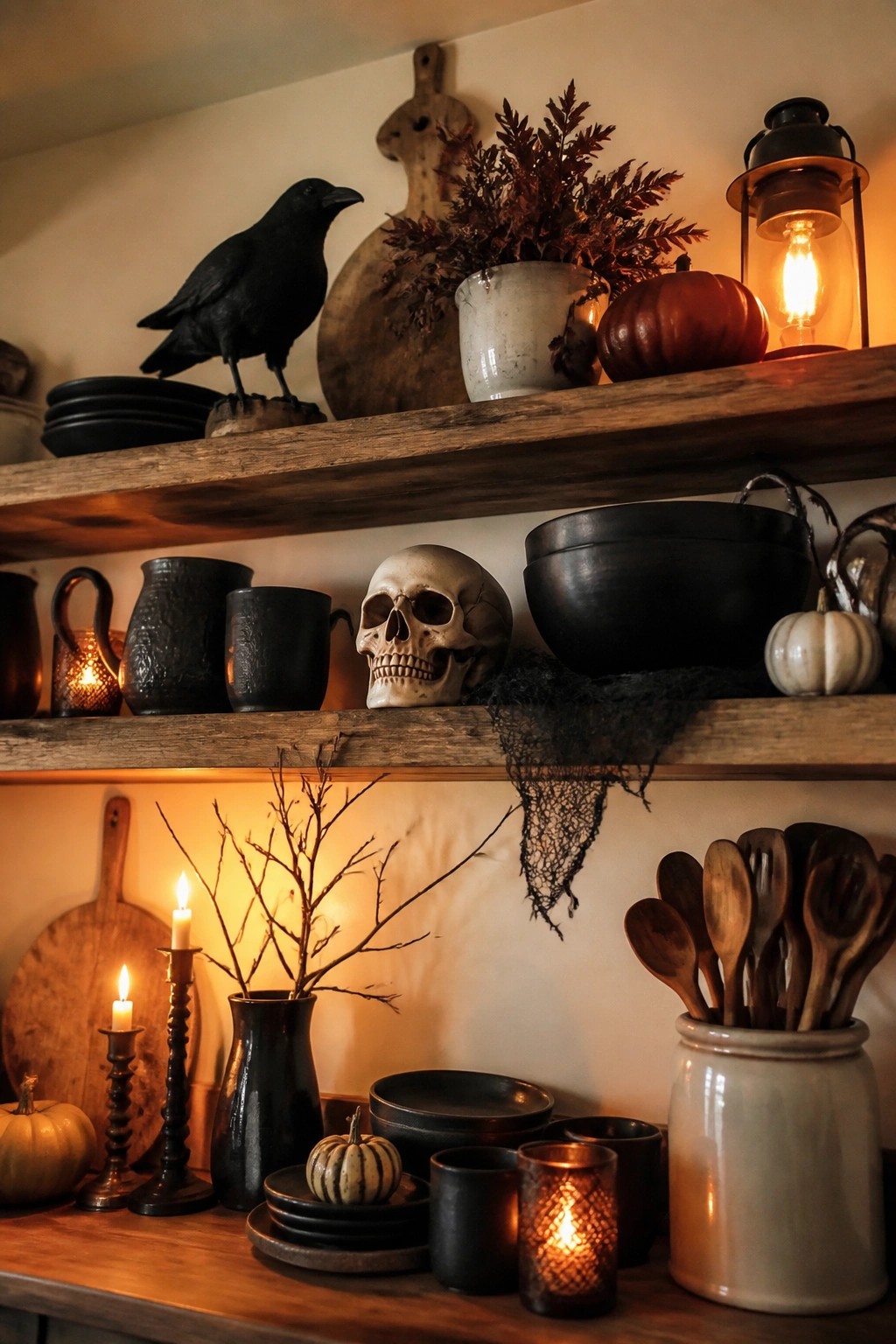 Kitchen shelves styled with a white skull, black crow, dark pottery, and small pumpkins for Halloween.