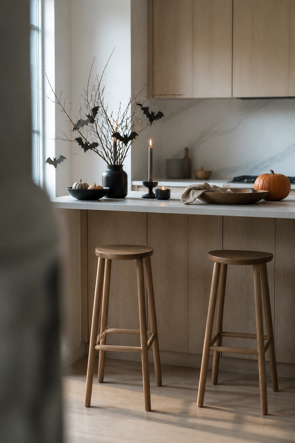 Modern kitchen island with wooden stools, black vase, lit candles, bats, and pumpkins