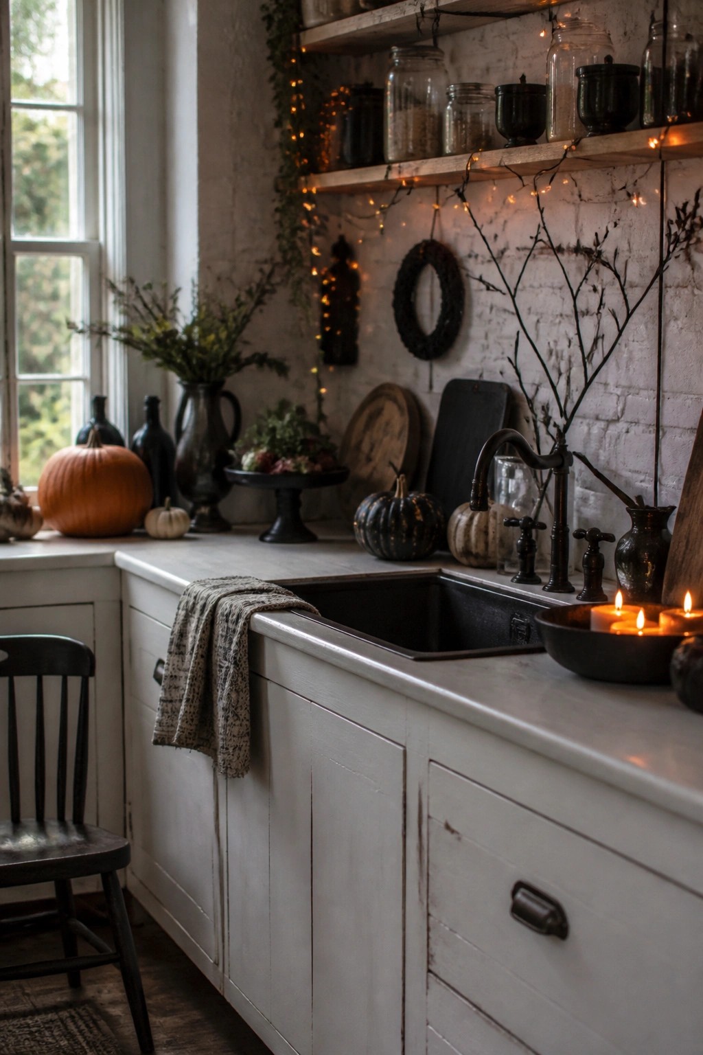 Kitchen counter with black branches in a vase, lit candles in a bowl, and pumpkins beside a black farmhouse sink.