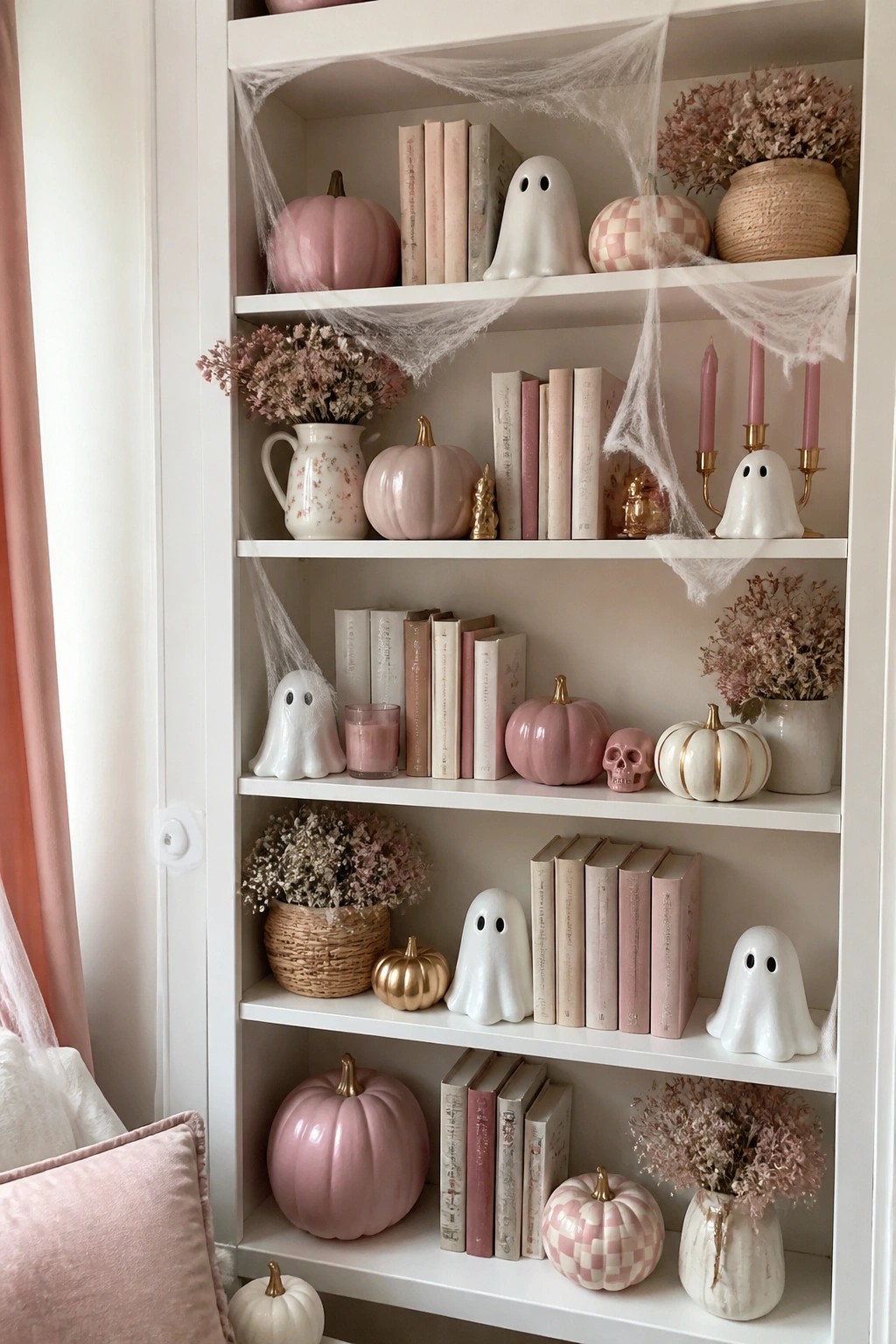White built-in bookshelf styled with multiple white ghost figures, pink pumpkins, spiderwebs, and neutral books.