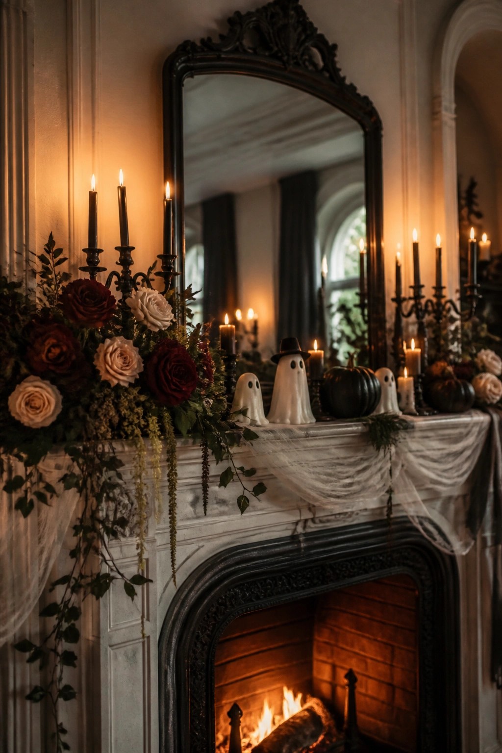 White marble fireplace mantel decorated with small ghost figures, black candles, dark pumpkins, and red and white roses.