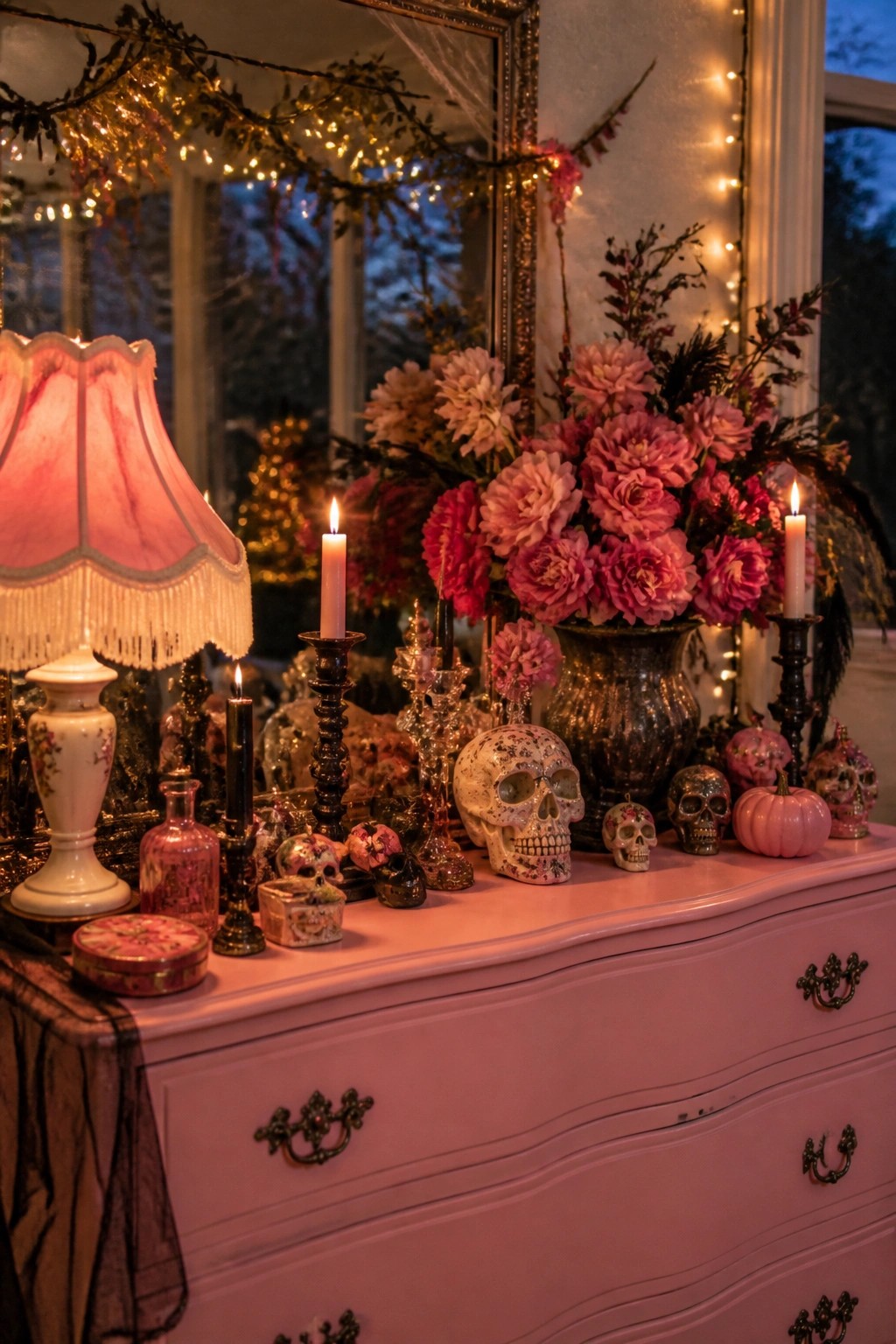 Pink dresser topped with multiple decorative skulls, black candles, and a large pink flower arrangement in front of a mirror with string lights and spiderwebs.