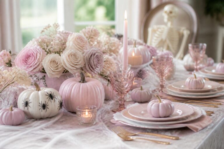 Dining table set with a large pink pumpkin centerpiece, smaller white pumpkins, a pink skull, lit candles, and pink and white flowers.