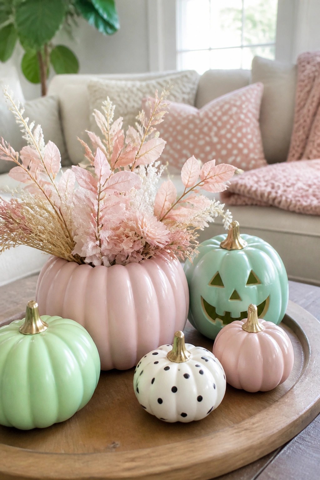 Pastel pink and mint green ceramic pumpkins arranged on a wooden tray, including one jack o lantern with a carved face, in a living room setting.