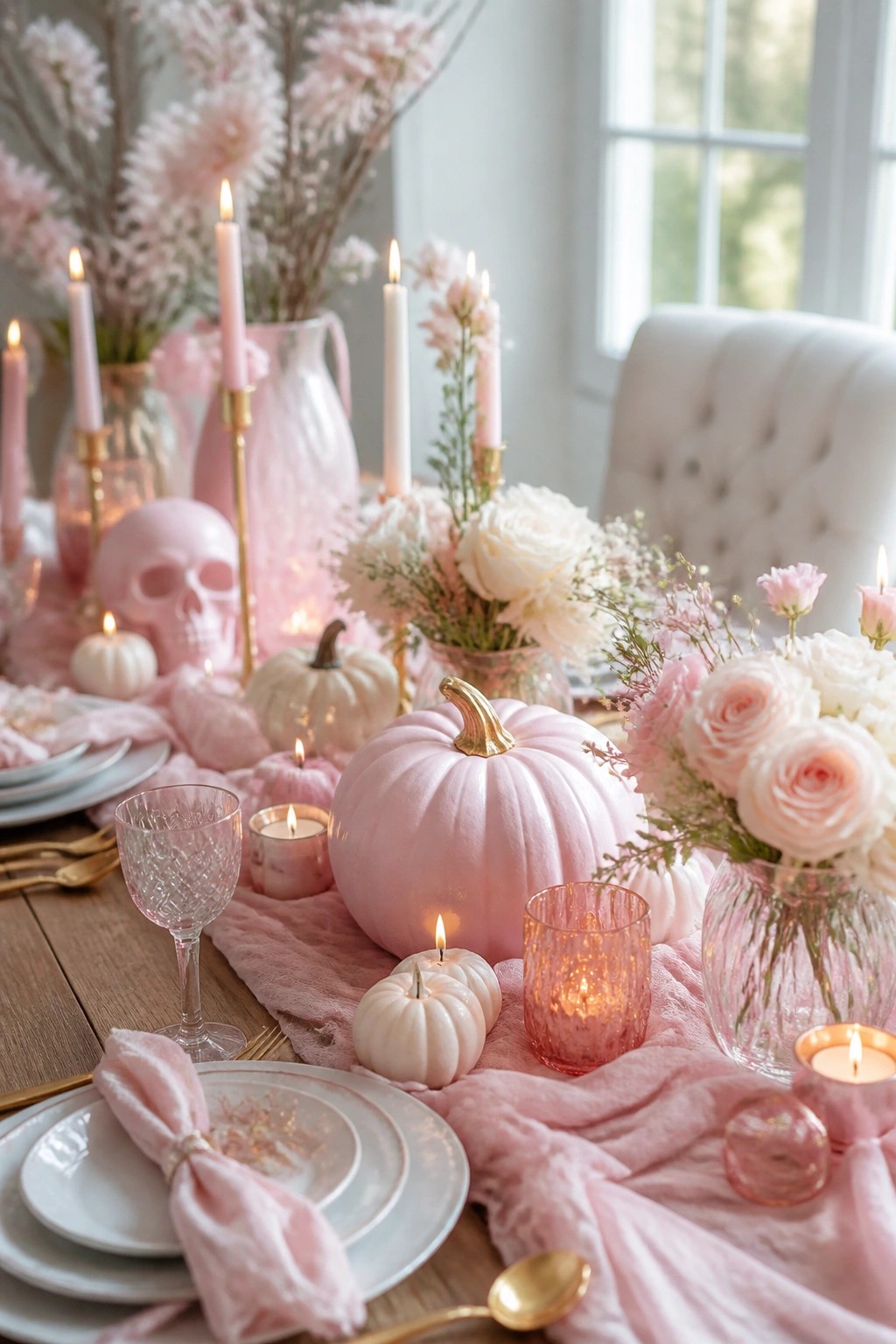 Dining table set with a large pink pumpkin centerpiece, smaller white pumpkins, a pink skull, lit candles, and pink and white flowers.