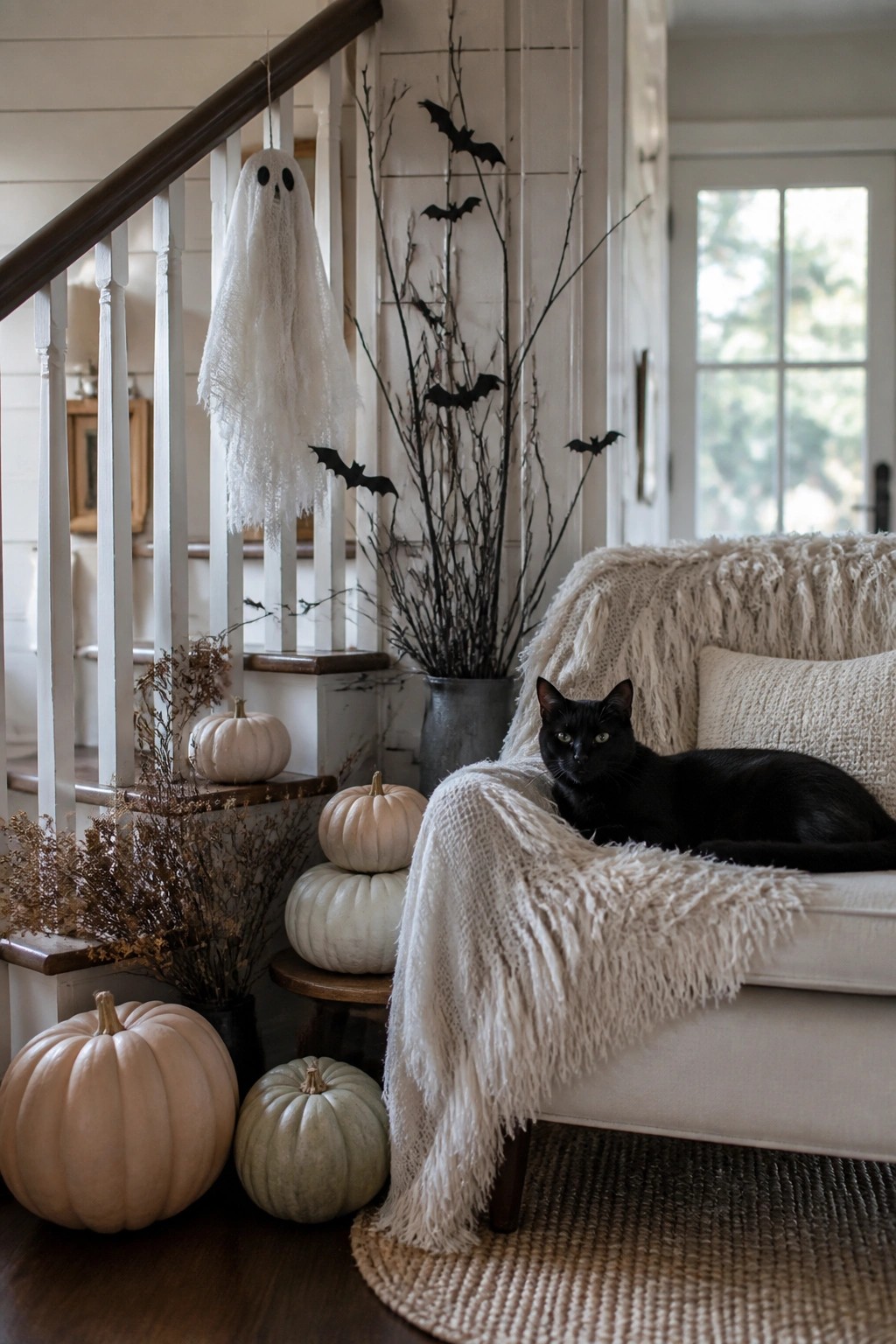 Staircase decorated with a hanging white ghost on the railing and black bats arranged on tall branches beside white pumpkins.