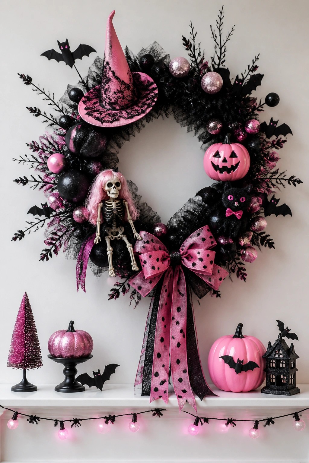 Pink and black Halloween wreath with witch hat, skeleton, cat, pumpkins, and bow.
