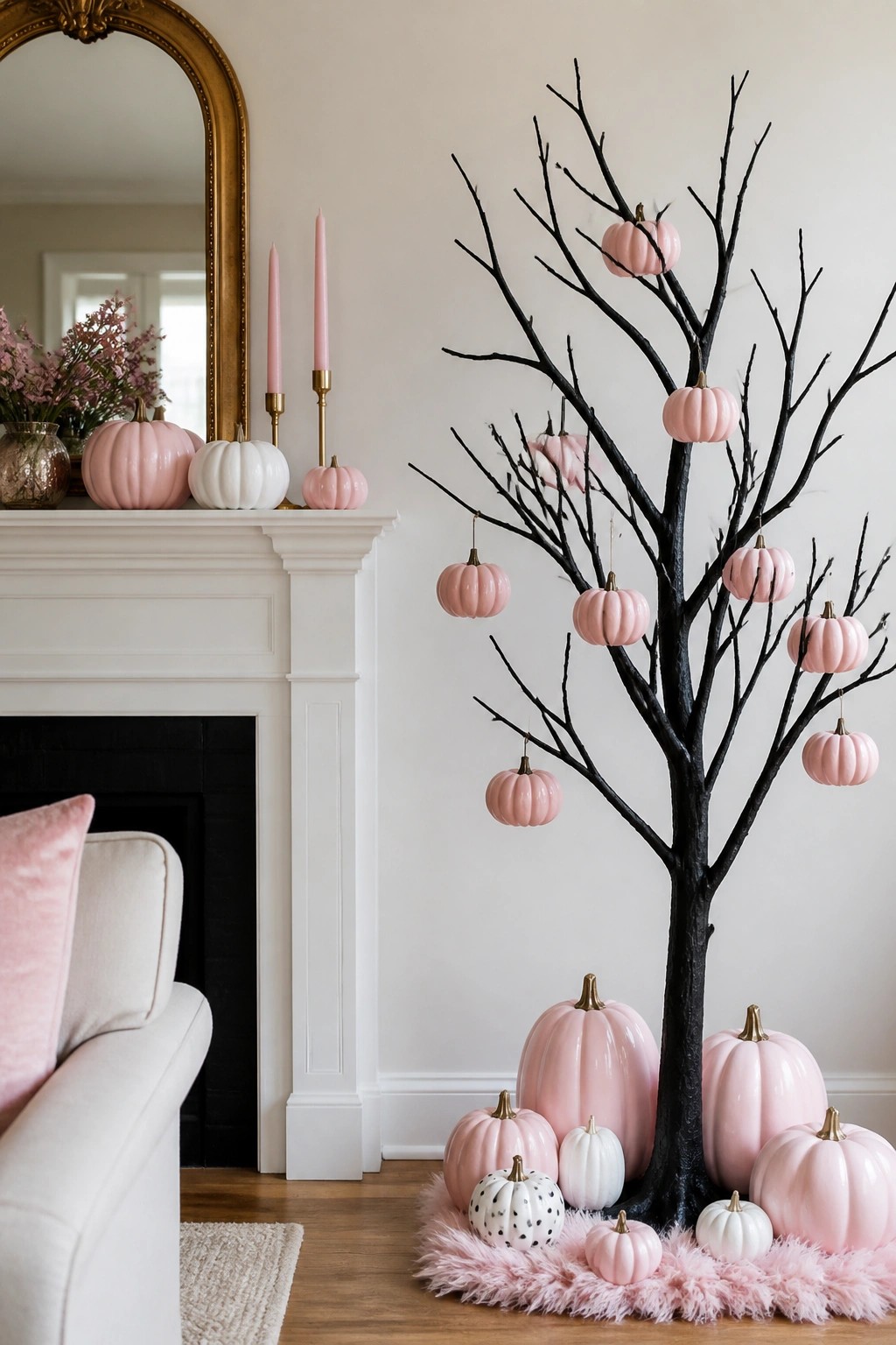 Living room corner with a black branch tree hung with pink pumpkins and more pumpkins clustered at the base on a pink rug.