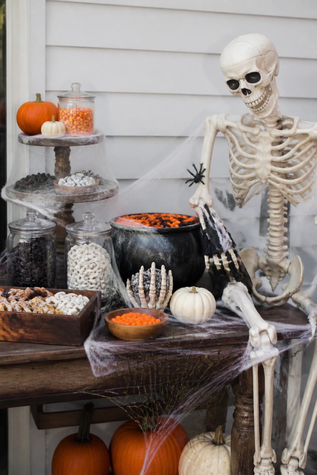 Skeleton posed at a wooden table on a porch holding candy next to a black cauldron, glass jars, and pumpkins with spiderwebs draped over the scene.