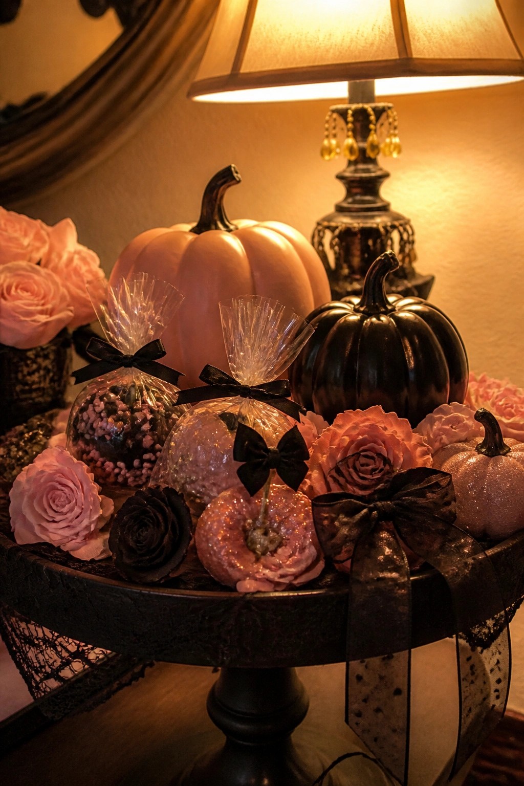 Black table with pink roses, glitter pumpkins, and bow-wrapped treats beside a glowing lamp.