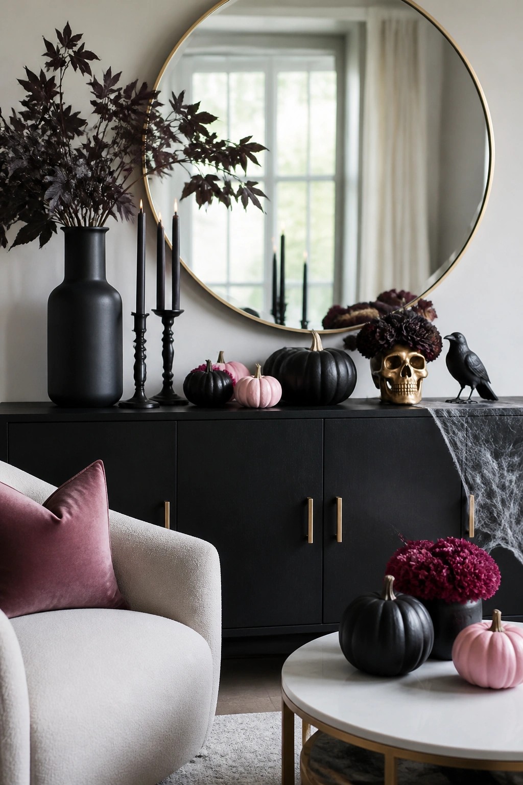 Black console with pink-black pumpkins, golden skull, candles, and round mirror.