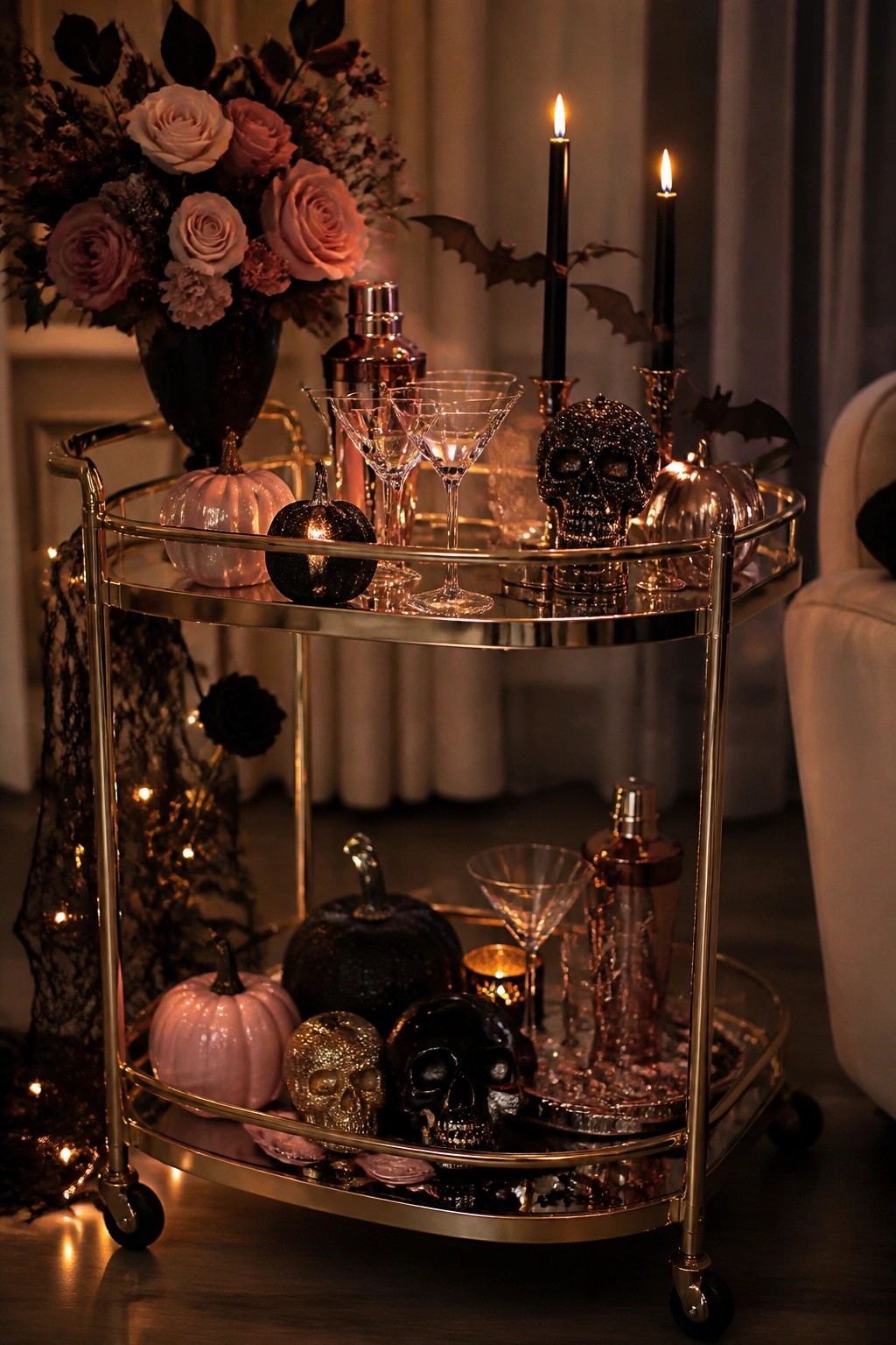 A gold bar cart styled for Halloween with glitter skulls, pink and black pumpkins, black bats, and black candles on two glass shelves.