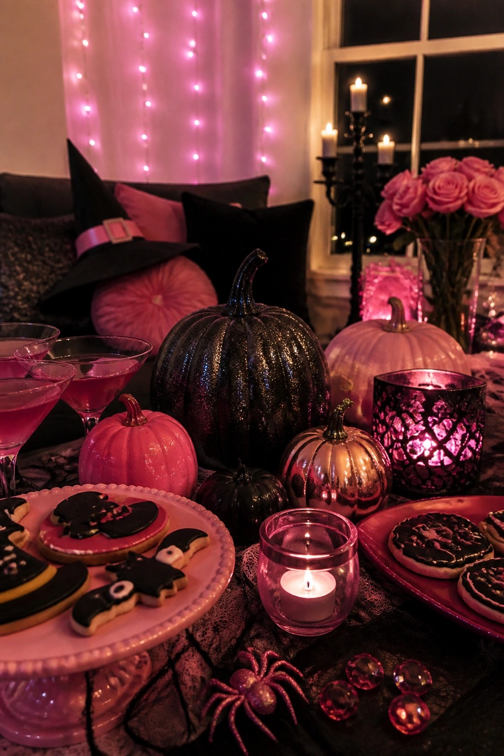 A Halloween table set with pink and black glitter pumpkins, witch and bat decorated cookies, lit candles, and a sparkly spider.