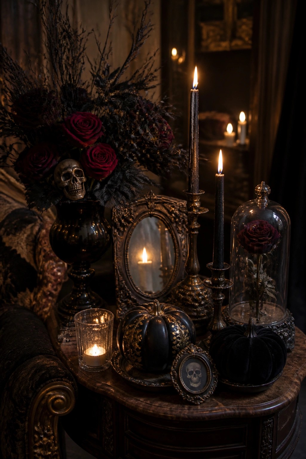 Gothic still life with lit black candles, dark roses, skulls, and velvet pumpkins.
