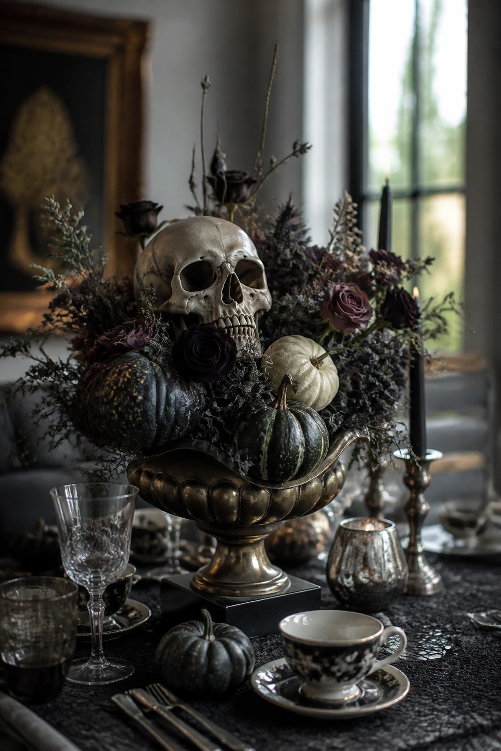 A dining table centerpiece featuring a large skull surrounded by dark roses, small pumpkins, and dried foliage in a metallic urn.