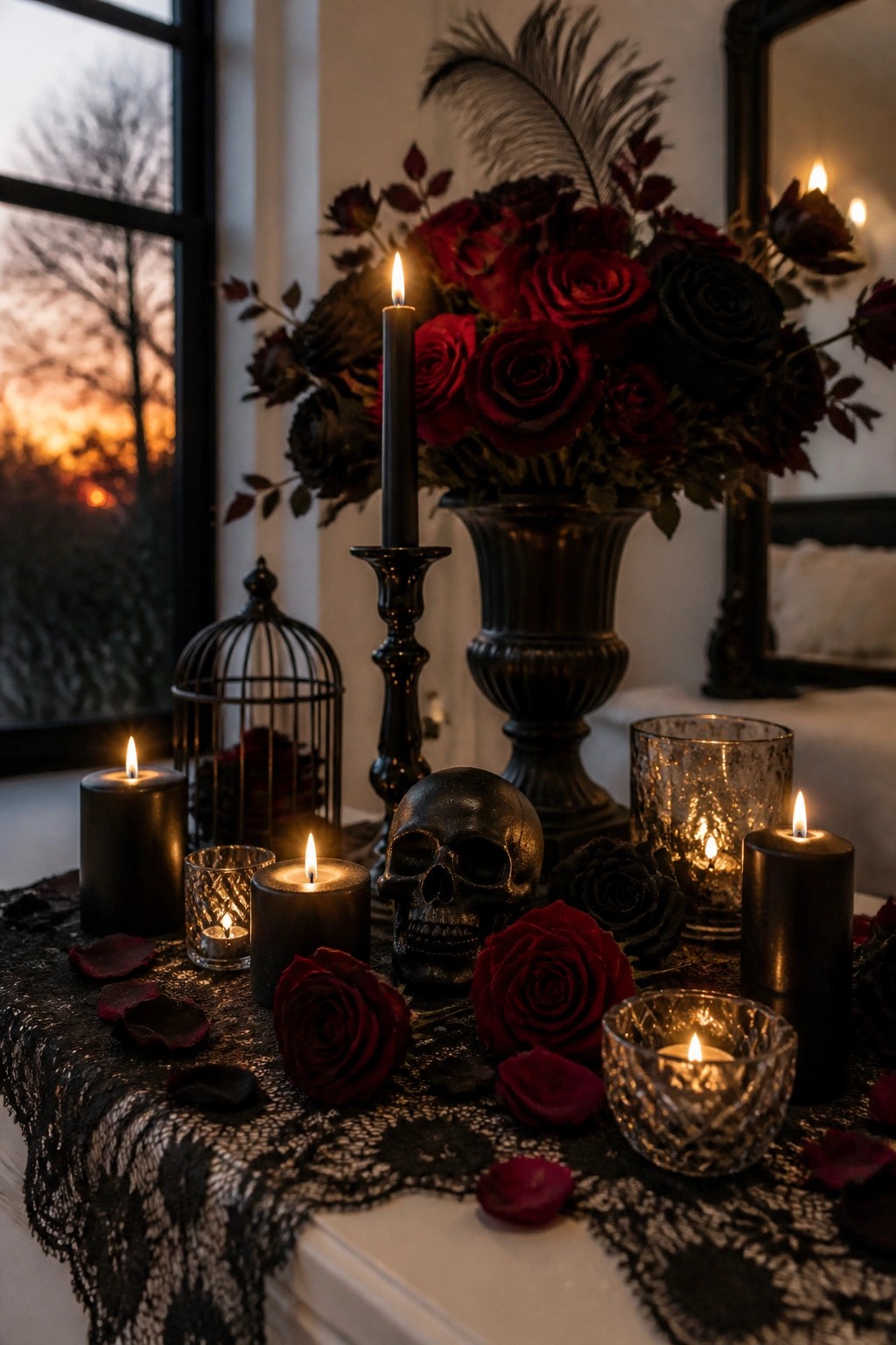 Black skull amid lit candles and red roses on dark lace tablecloth