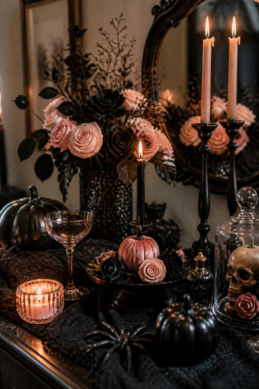 Gothic table setting with black and pink roses, lit candles, velvet pumpkins, and skull