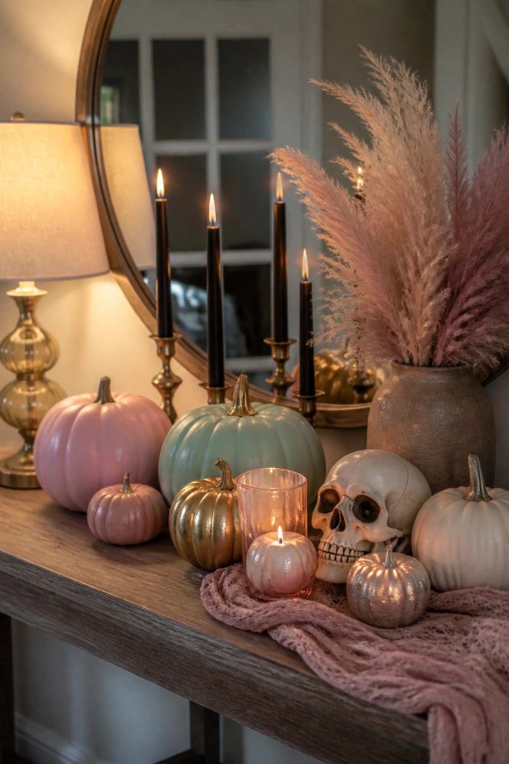 Wooden console table decorated with a white skull, pastel pumpkins in pink and mint, black taper candles, and a vase of pampas grass.