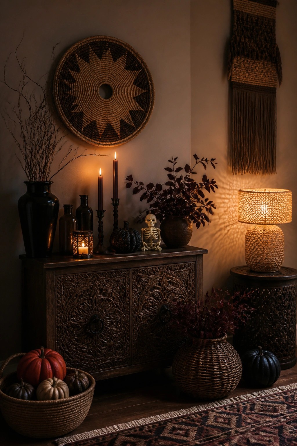 Wooden console table decorated with a small skeleton figure, black candles, dark vases, and pumpkins in a neutral room.