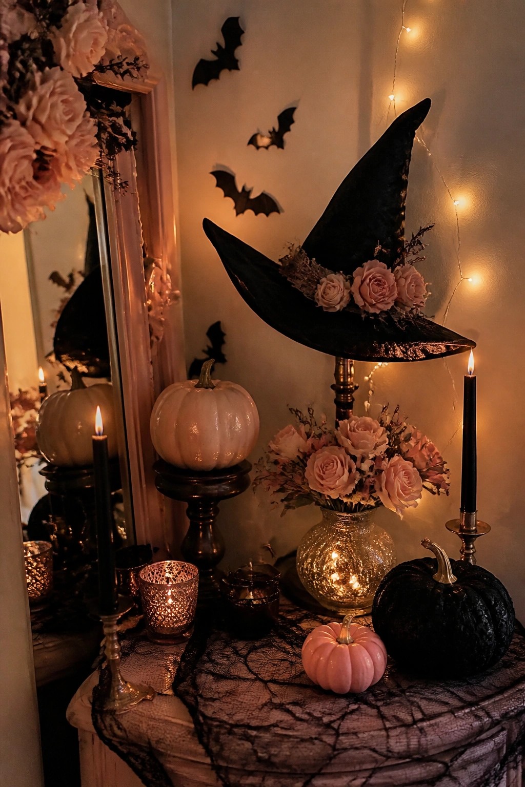 A tabletop Halloween vignette centered on a large black witch hat decorated with pink roses, surrounded by black and white pumpkins, candles, and flowers.