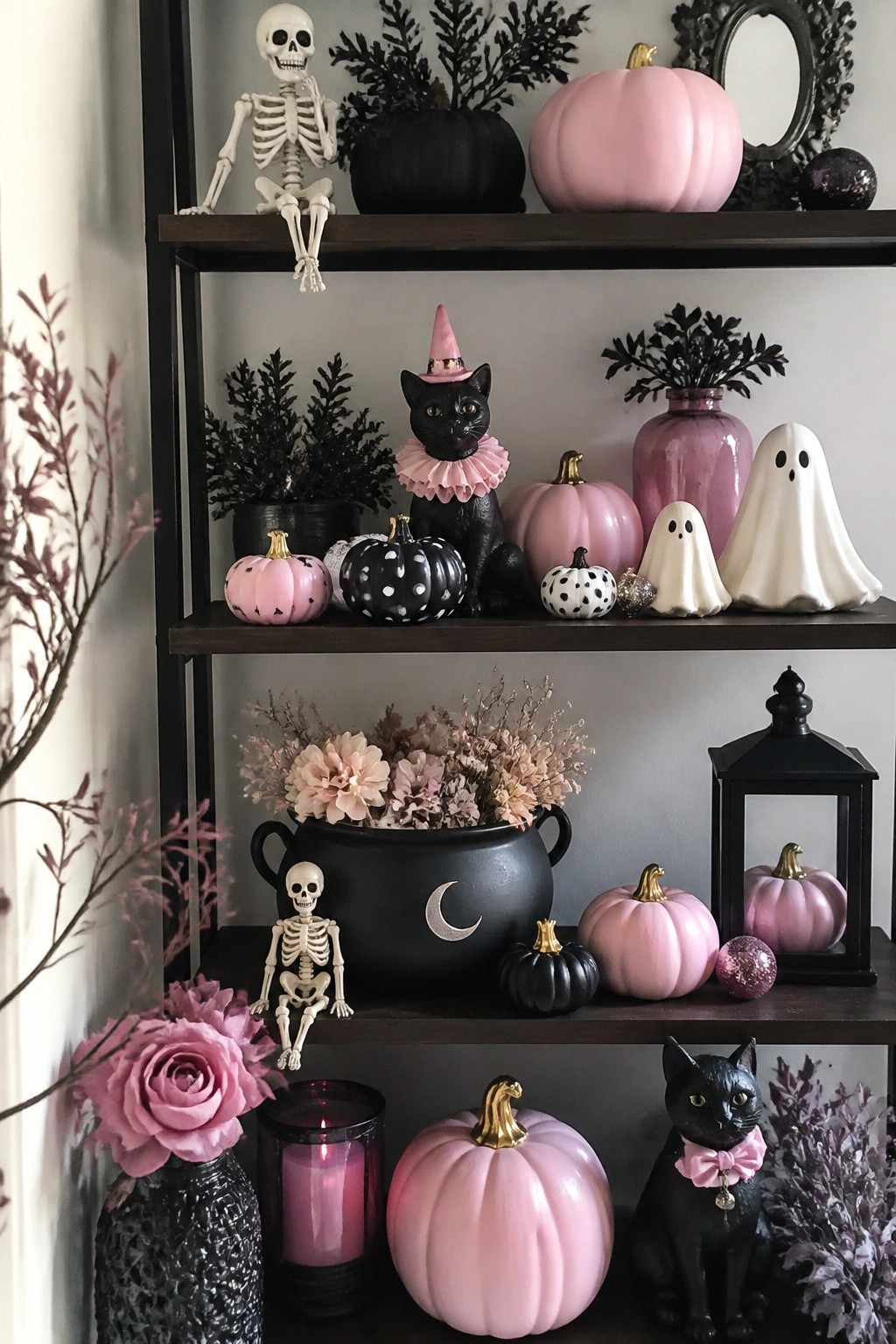 Dark wooden shelves styled with black cat figurines in pink hats and bows, pink pumpkins, small white ghosts, and skeletons for a girly Halloween display.