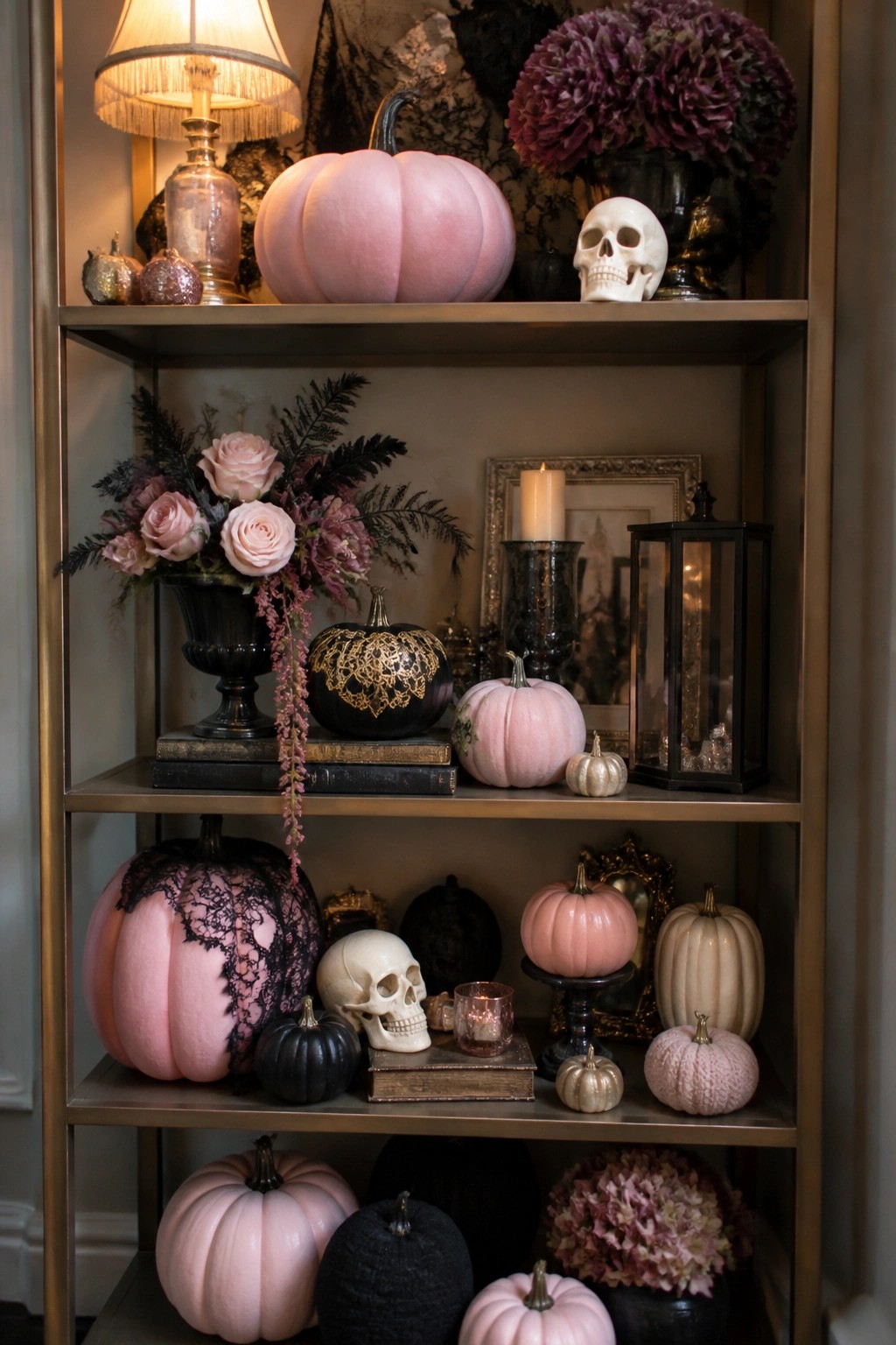 Elegant gold shelves with pink pumpkins, skulls, lace decor, and floral accents