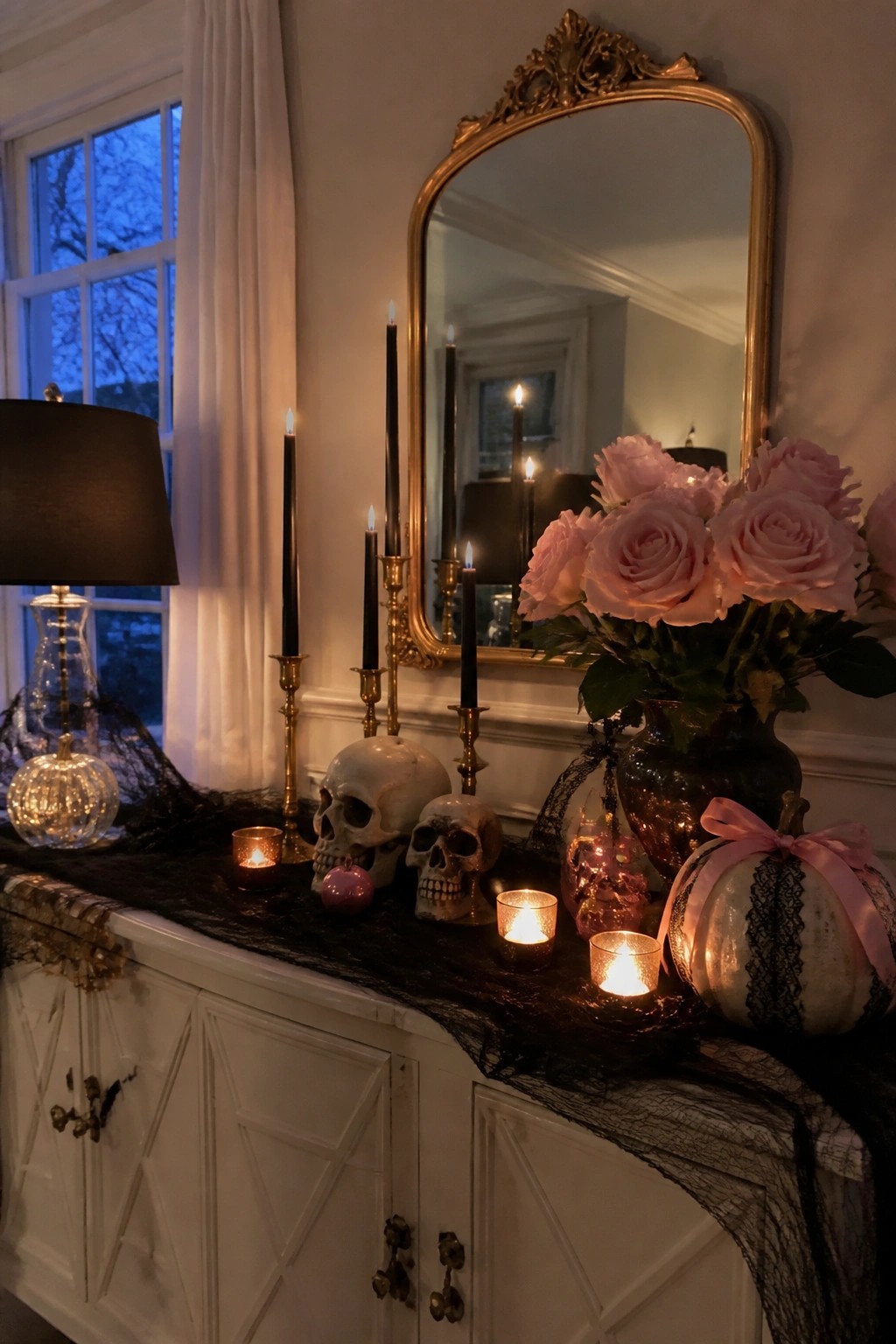 White console table styled with two decorative skulls, black taper candles, and a white pumpkin with pink ribbon for Halloween.