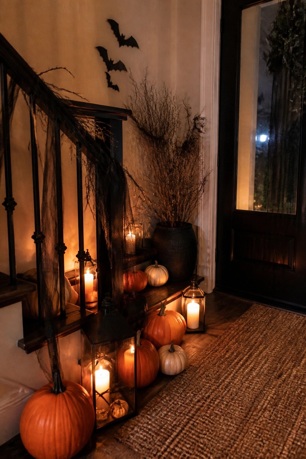 Entryway staircase with black bat cutouts on the wall, black tulle draped on the railing, and lanterns with pumpkins arranged on the steps.