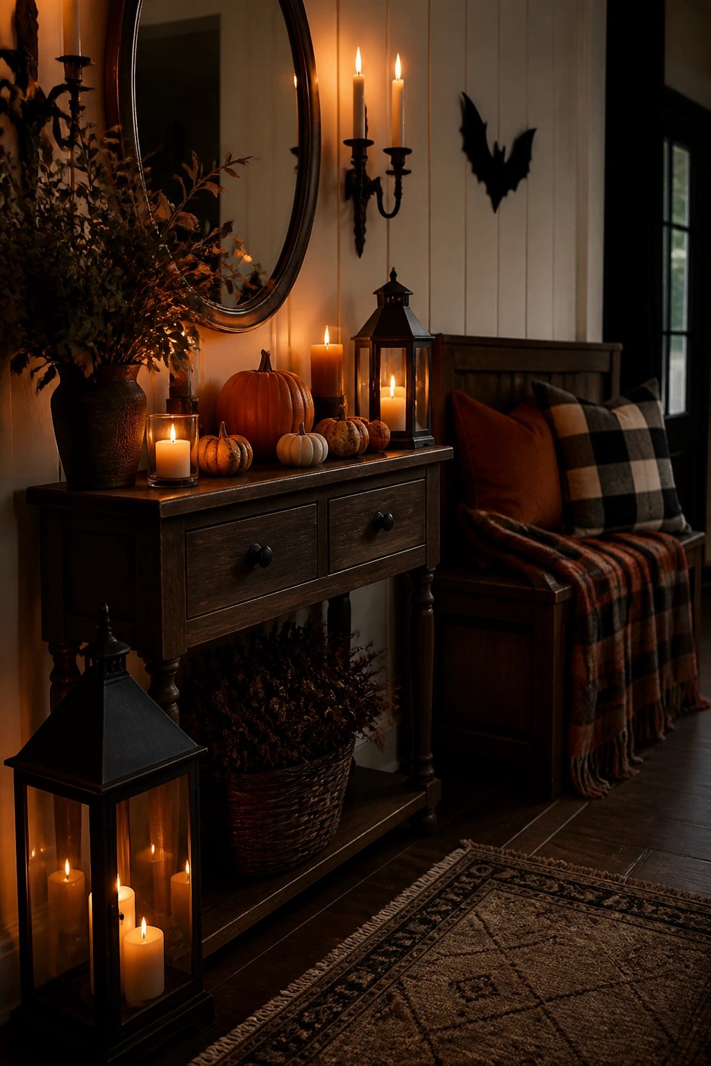 Entryway console with pumpkins, lanterns, and candles, and a black bat decoration on the wall above.