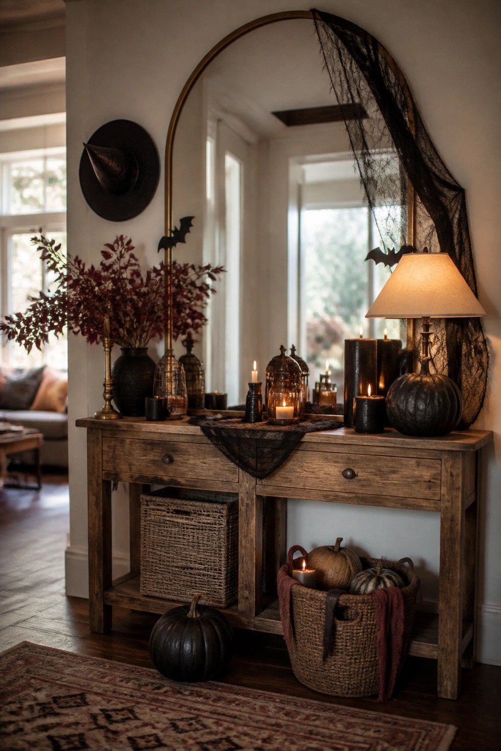 Entryway console table with an arched mirror, black bats clustered around the frame, black lace runner, black candles, and black pumpkins.