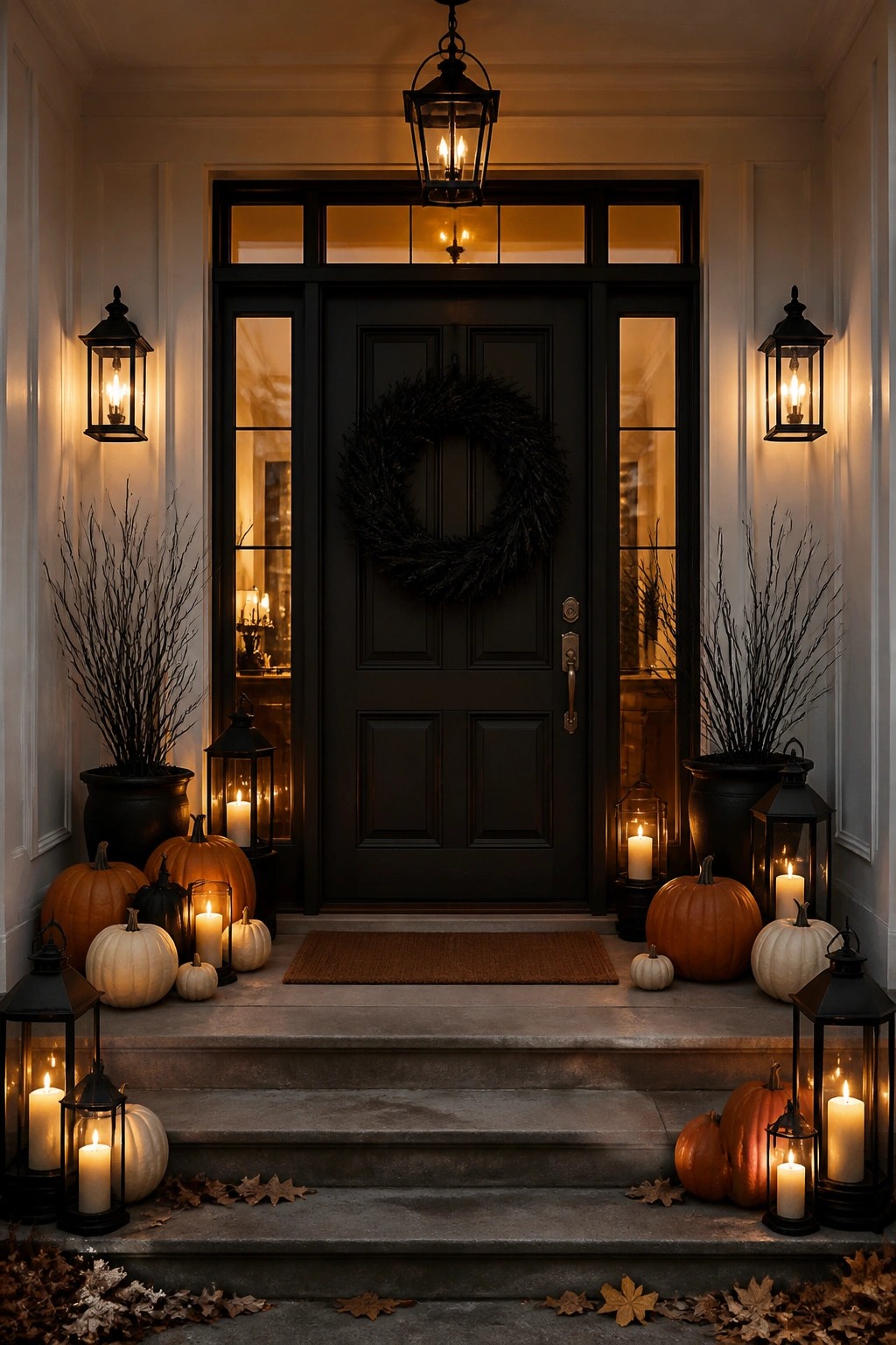 Dark front door with black wreath, steps lined with orange, white, and black pumpkins plus lit black lanterns on both sides.