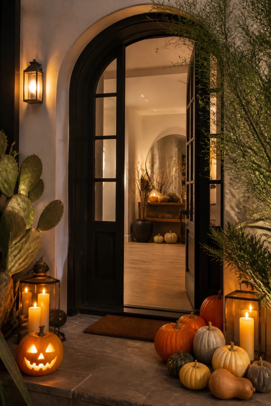 Arched entry door with a carved glowing jack o lantern, multiple pumpkins, and lit lanterns arranged on the stone steps outside.