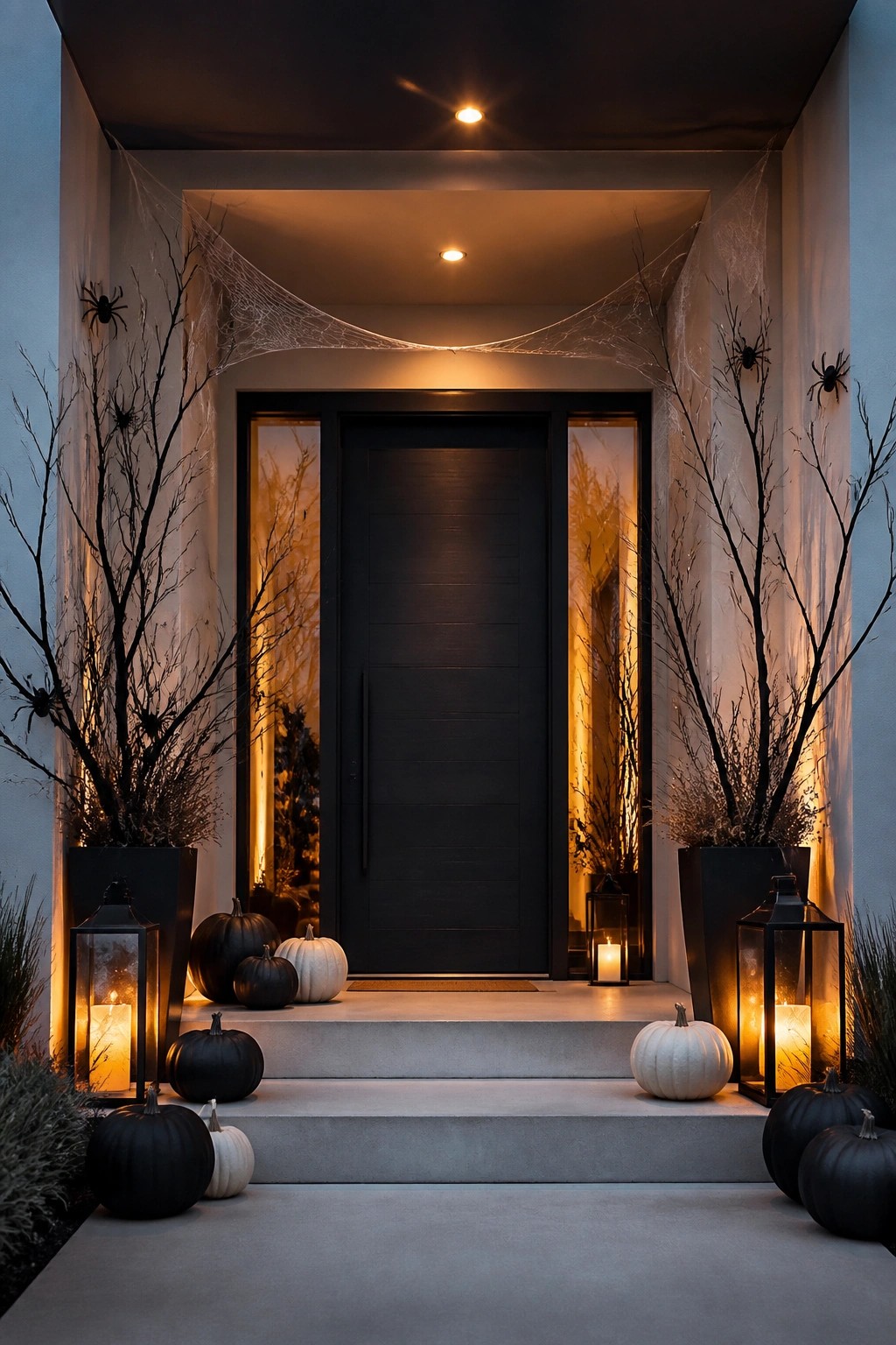 Front entry with black door decorated with white spiderwebs stretched across the top, plastic spiders on branches, black and white pumpkins, and lanterns on the steps.