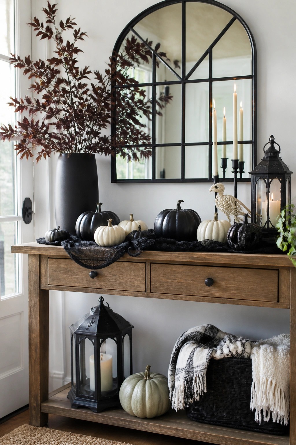 Wooden entry console topped with black and white pumpkins, a small skeleton bird figure, black lanterns, and dark foliage beneath an arched mirror.