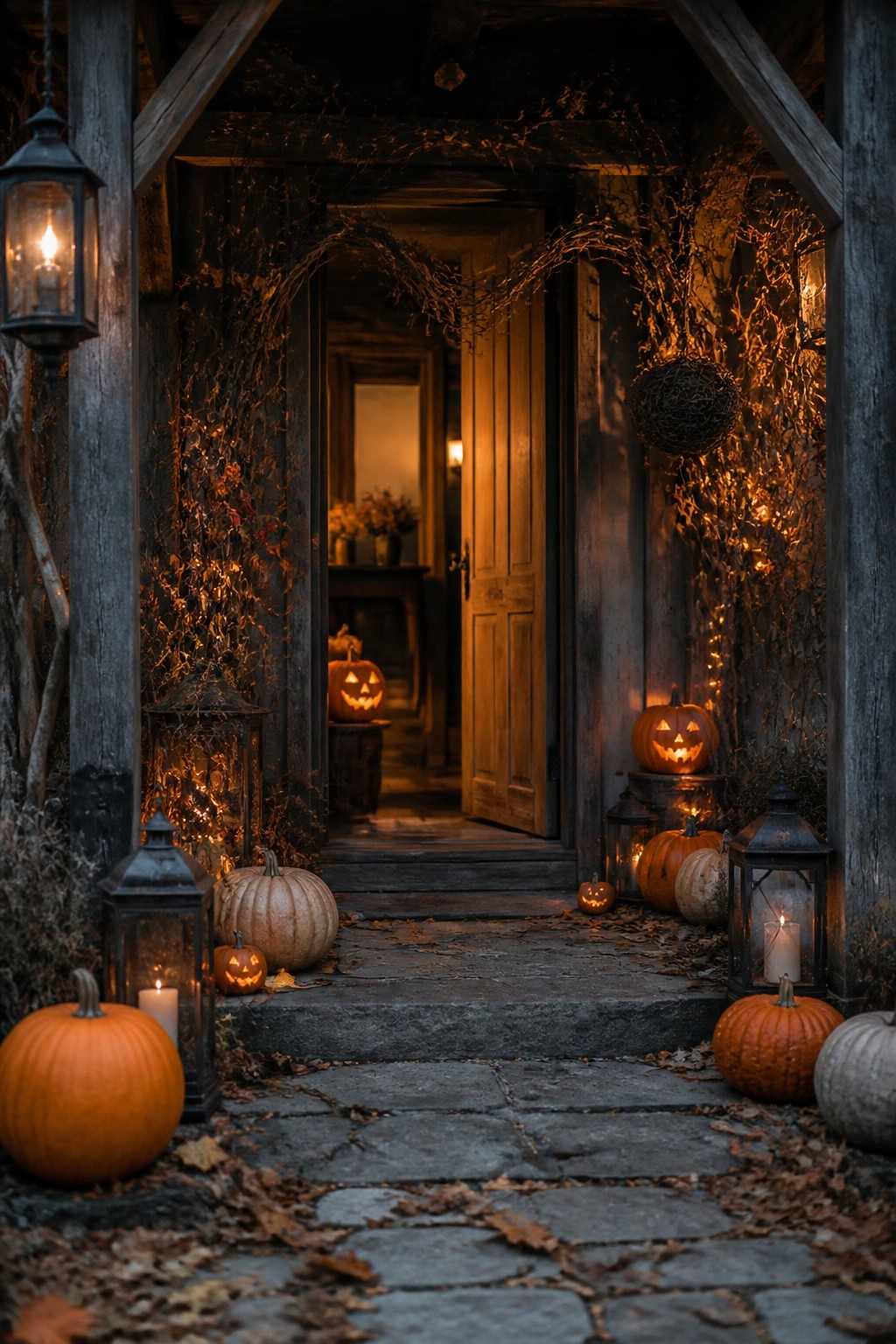 Stone entry steps lined with carved jack o lanterns and lanterns leading to an open wooden door.