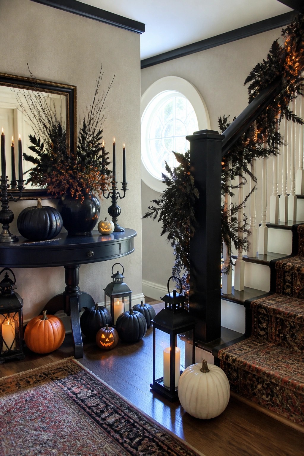 Entry console table decorated with black and orange pumpkins, black lanterns, and candle holders in a home entryway.