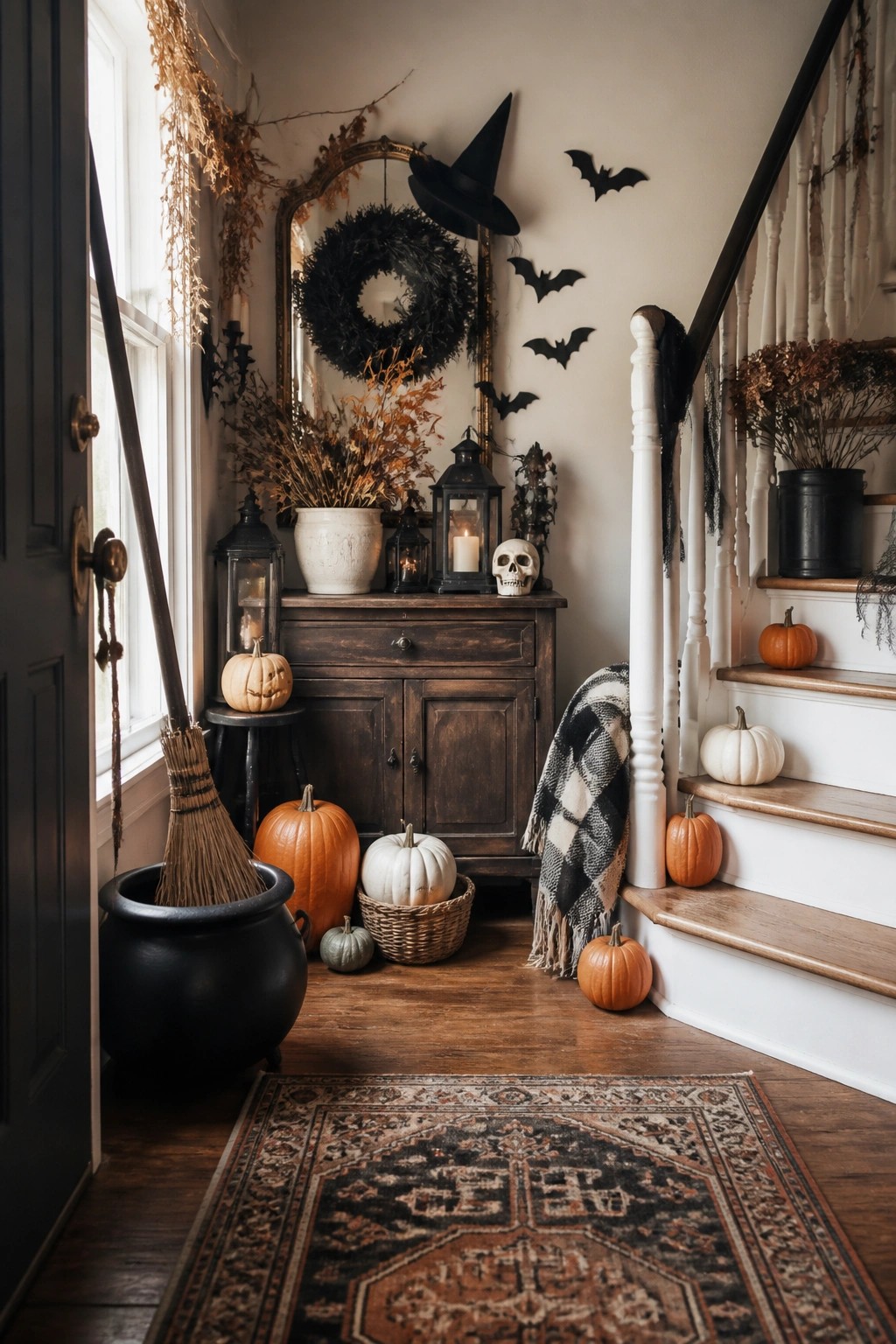 Entryway with black bats arranged around a mirror above a dark wood console, a witch hat on the mirror, a skull, and several pumpkins nearby.
