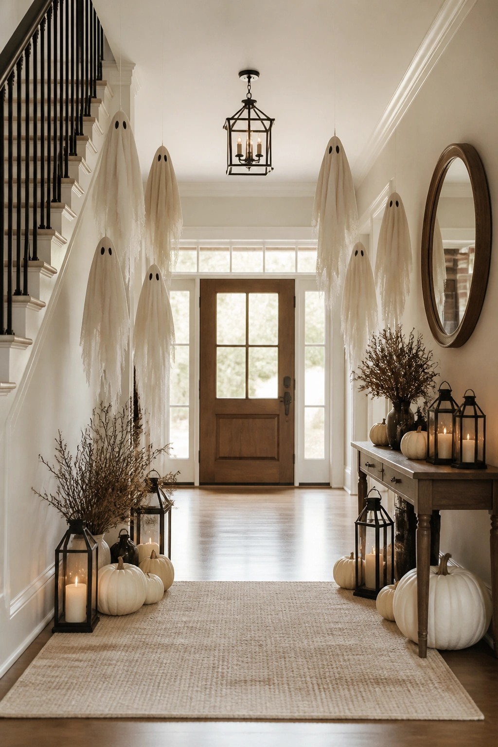 Entryway with multiple white fabric ghosts hanging from the ceiling, black lanterns, and white pumpkins arranged along the floor and console table.